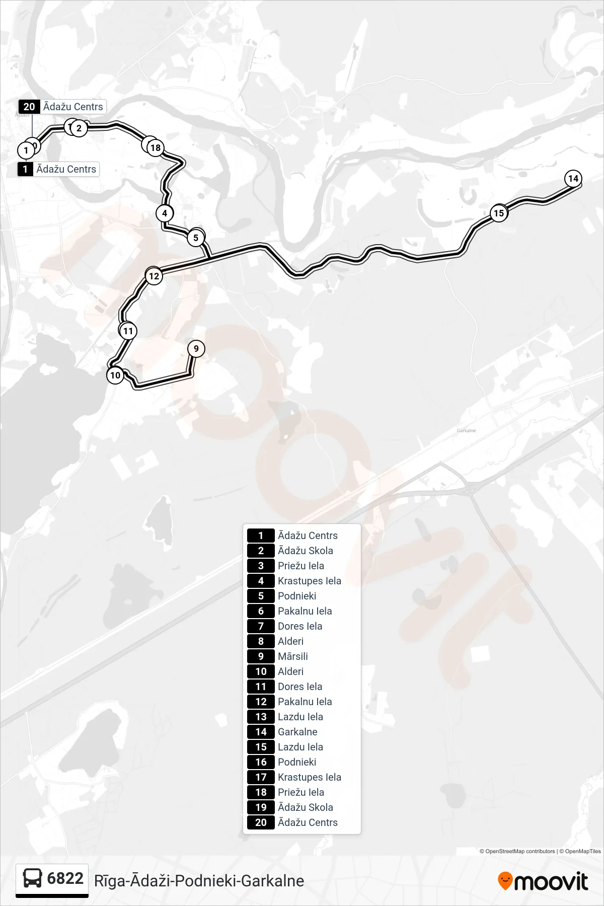 6822 bus Line (Ādažu Centrs) route and stops on a map