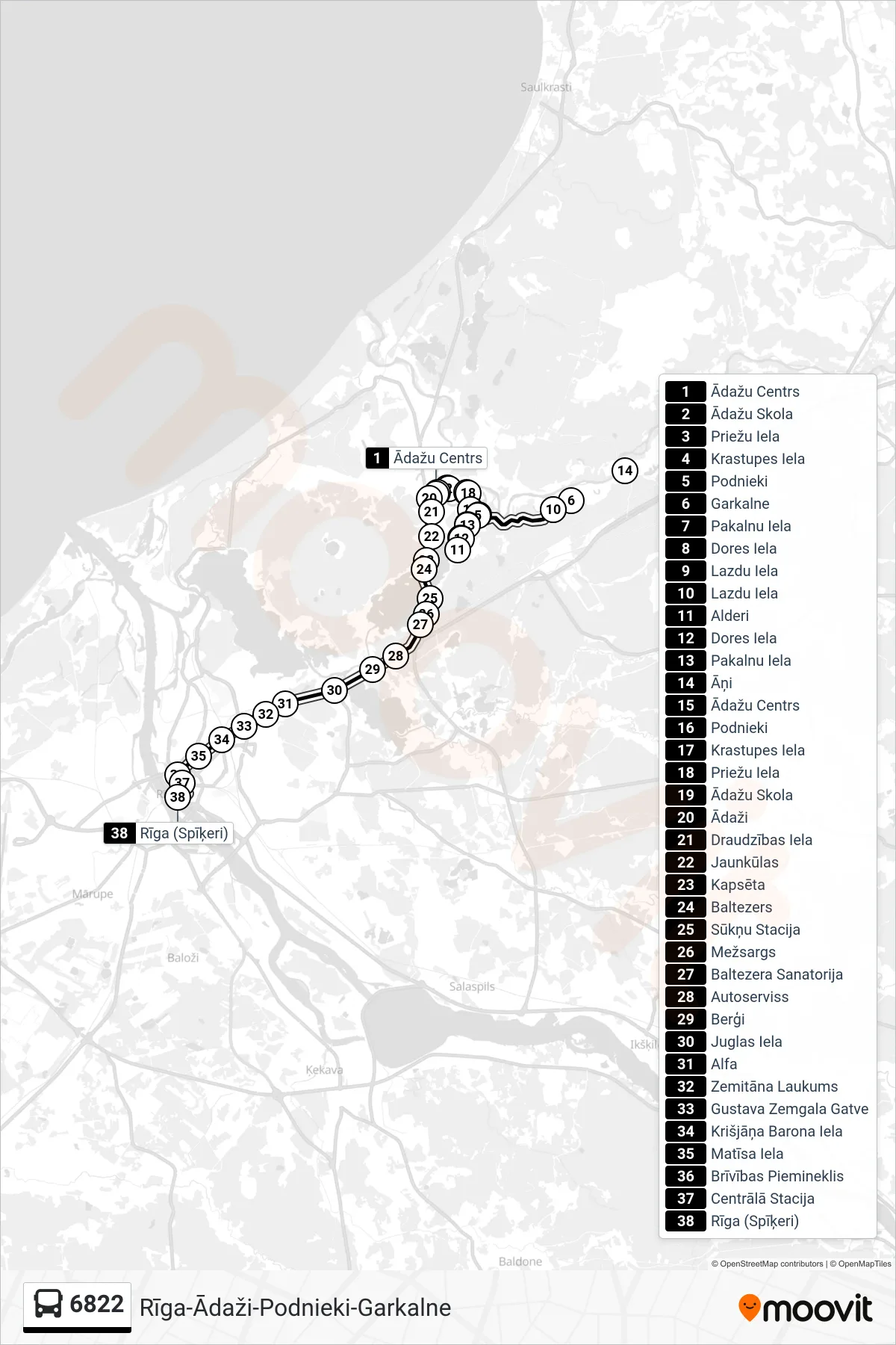 6822 bus Line (Rīga (Spīķeri)) route and stops on a map