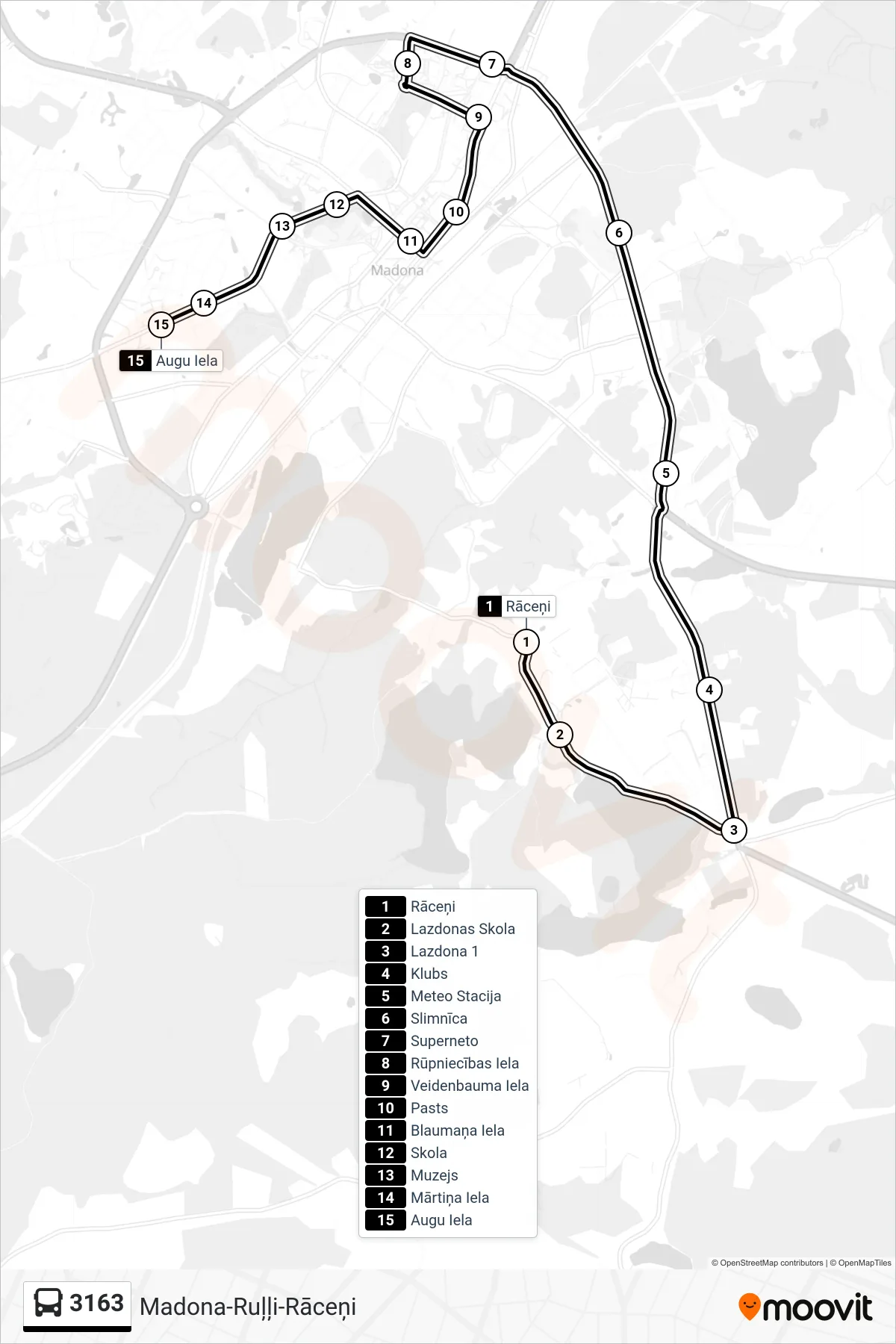3163 bus Line (Augu Iela) route and stops on a map