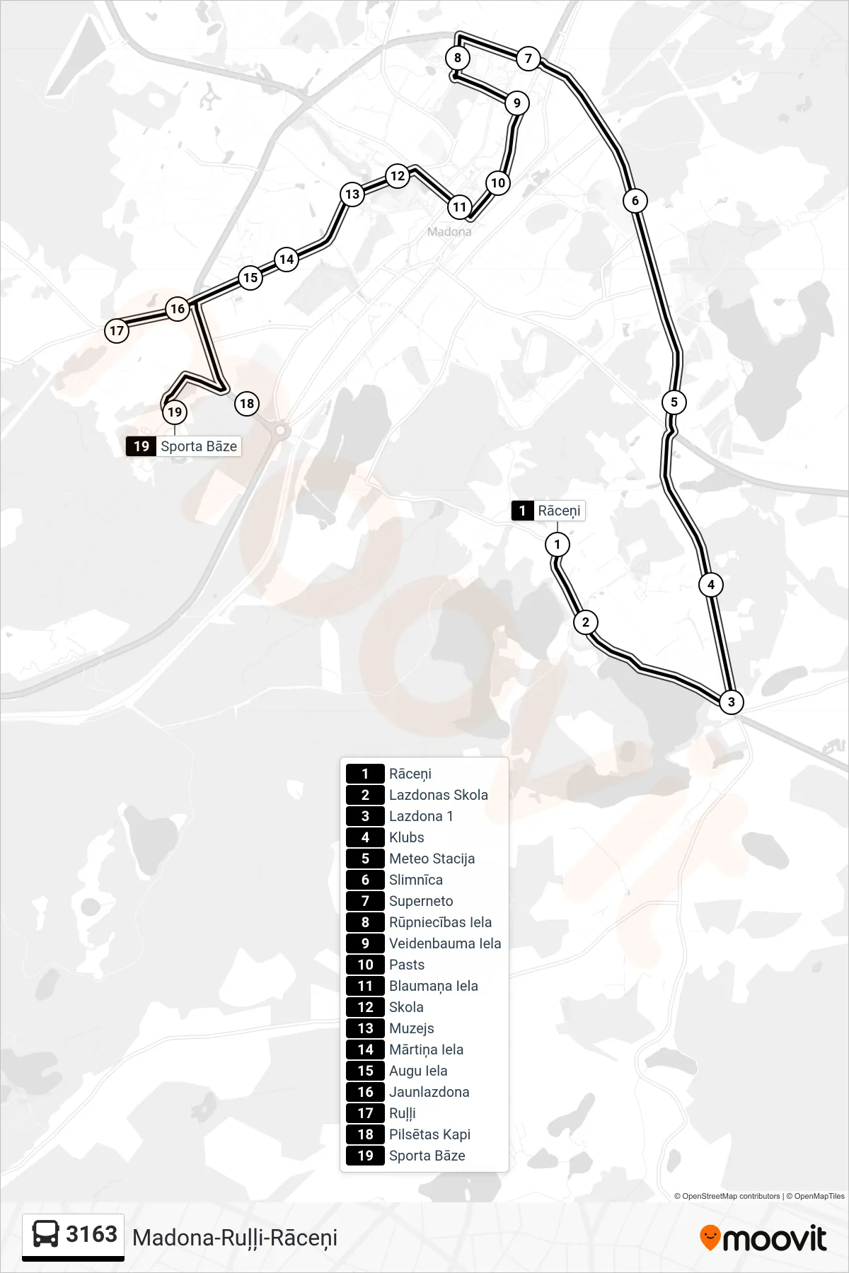 3163 bus Line (Sporta Bāze) route and stops on a map
