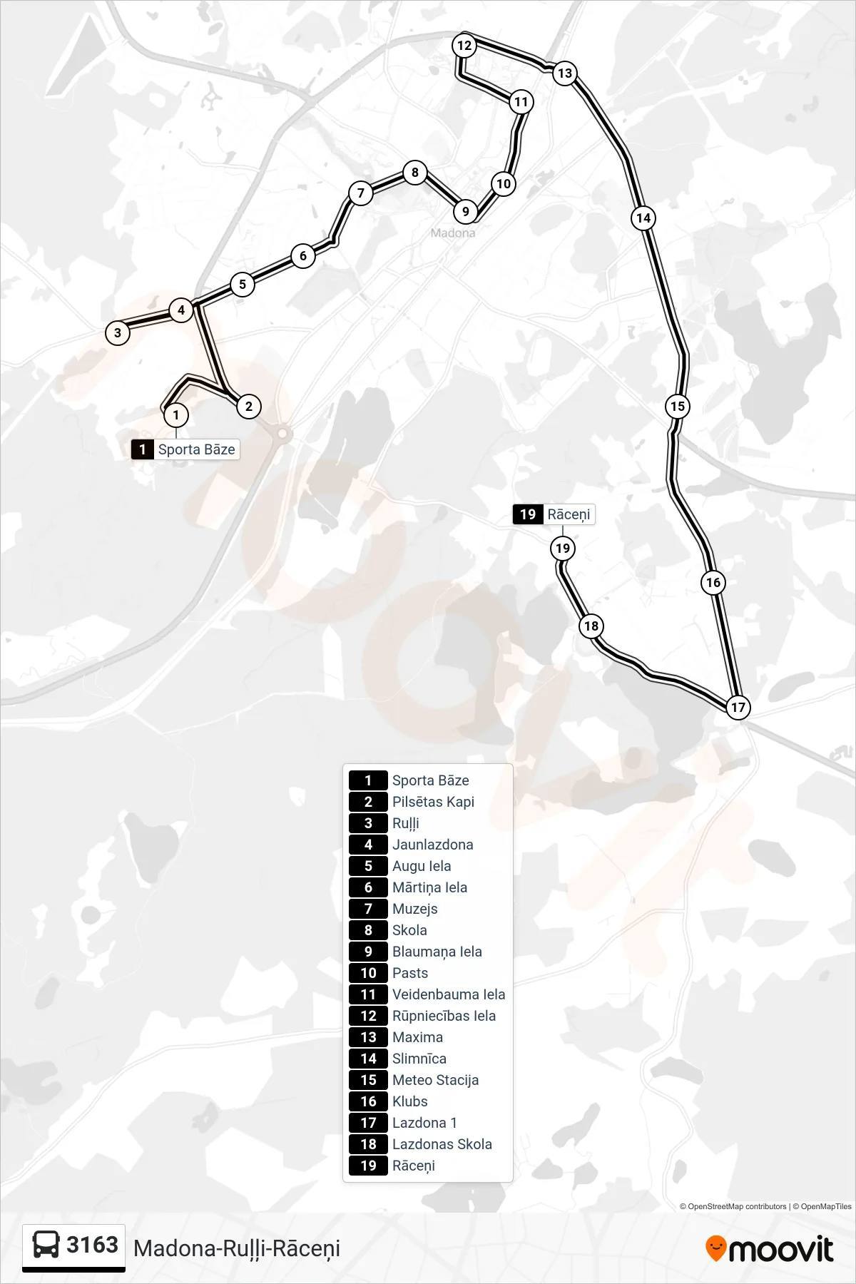 3163 bus Line (Rāceņi) route and stops on a map