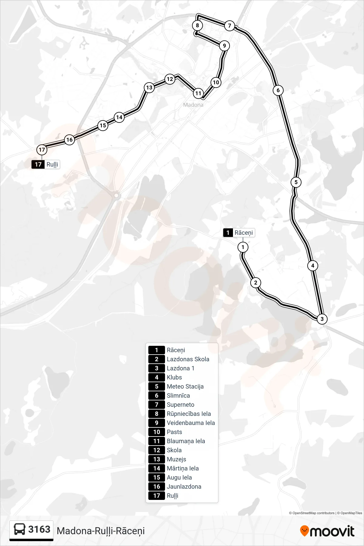 3163 bus Line (Ruļļi) route and stops on a map