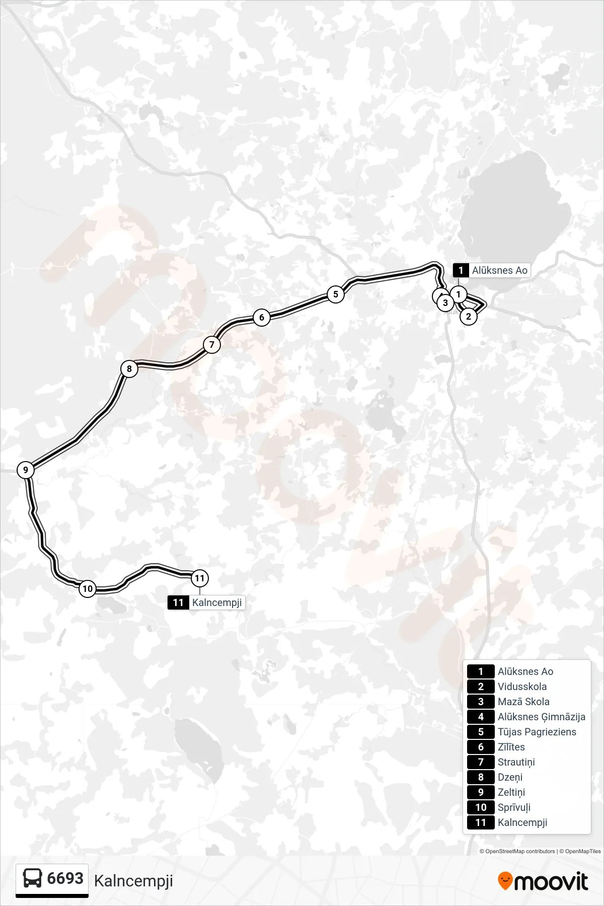 6693 bus Line (Kalncempji) route and stops on a map