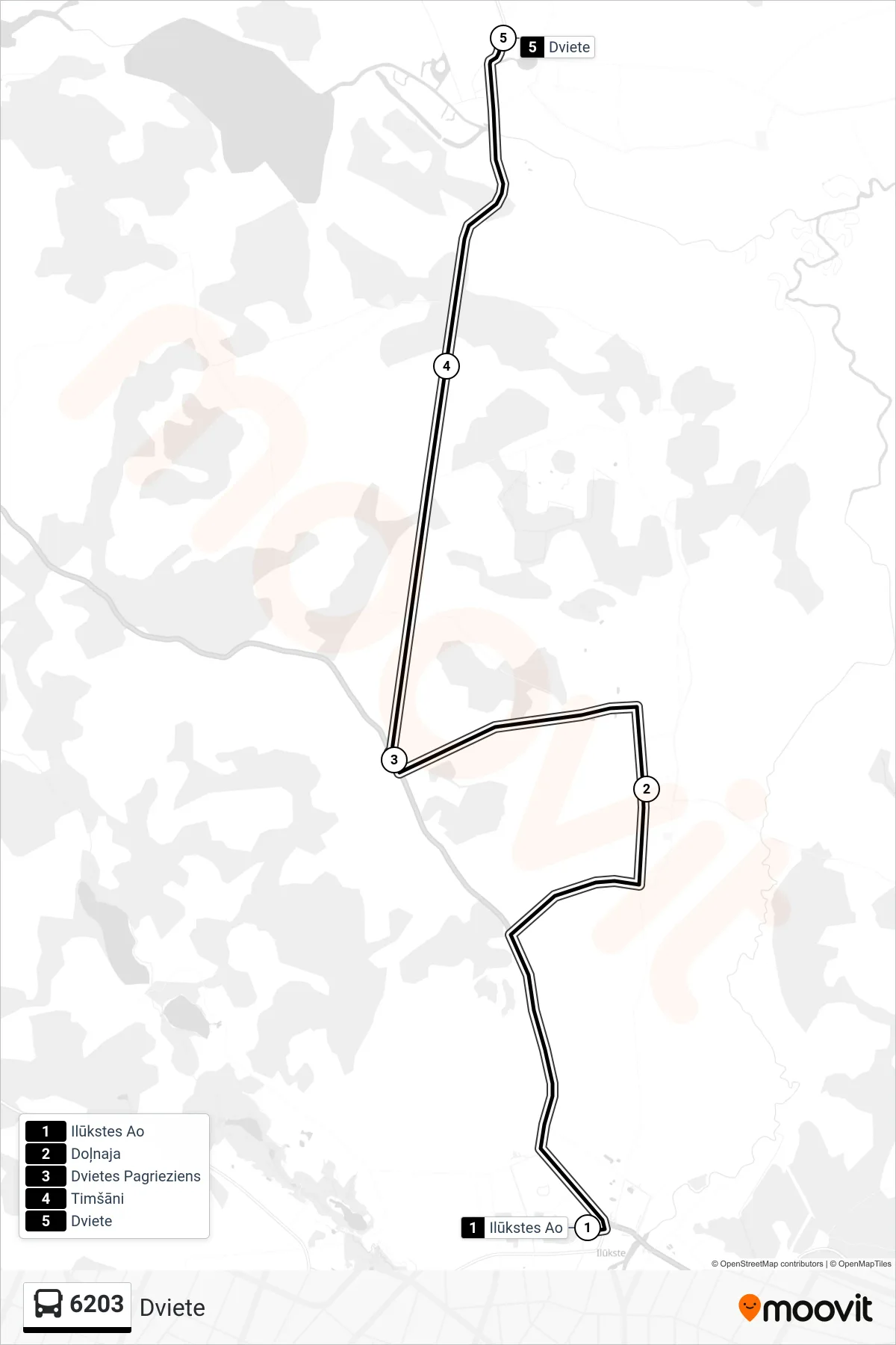 6203 bus Line (Dviete) route and stops on a map