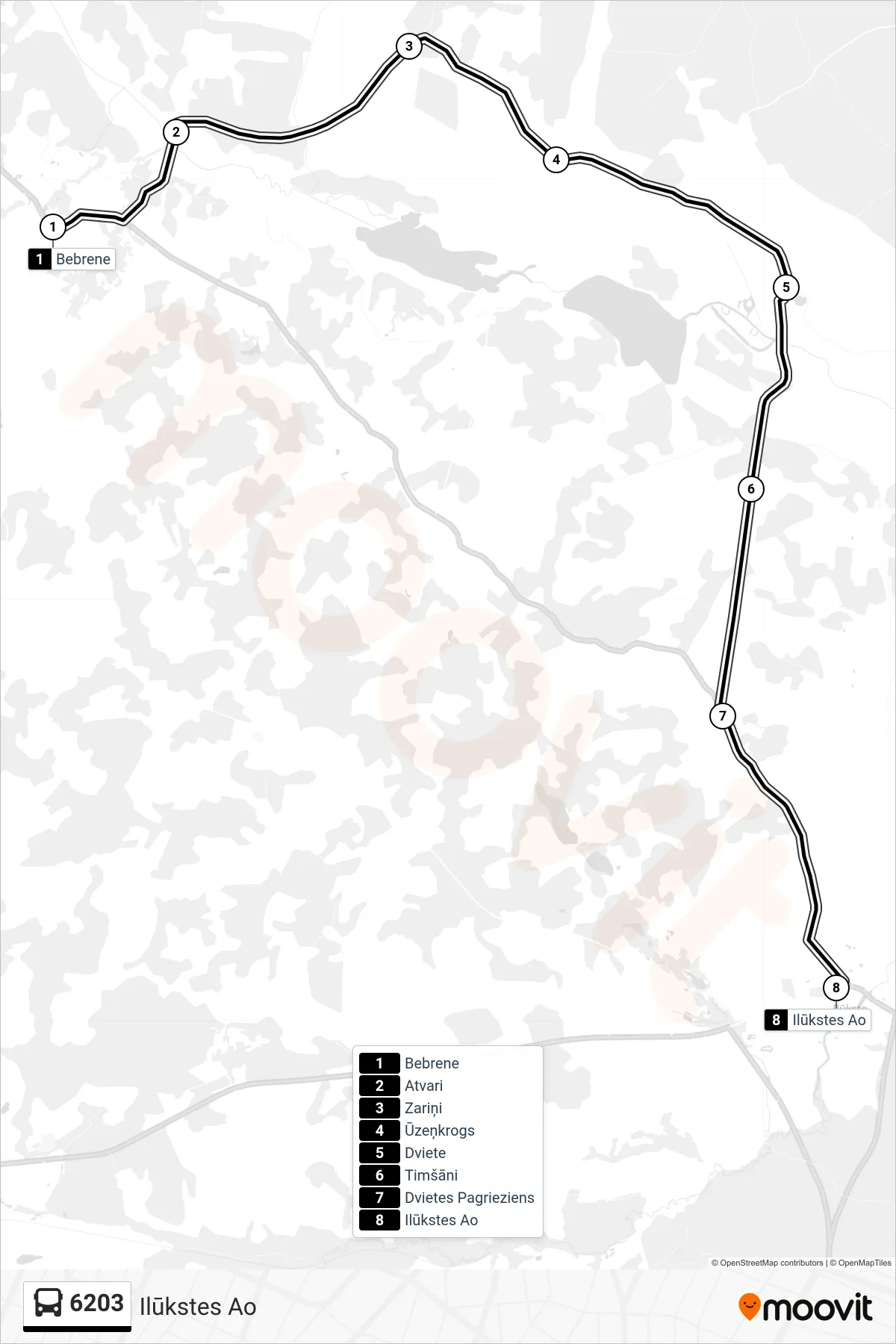 6203 bus Line (Ilūkstes Ao) route and stops on a map