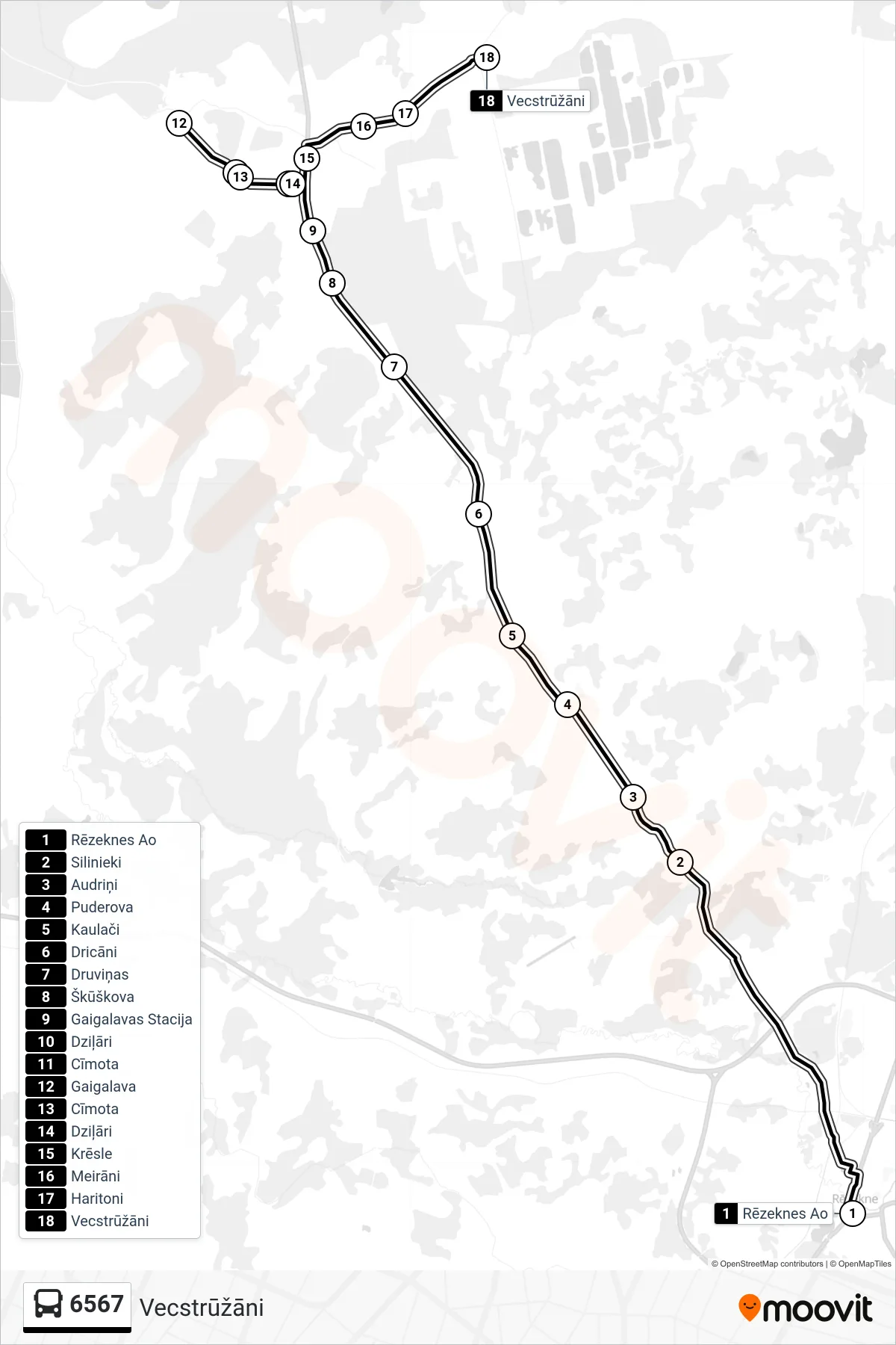 6567 bus Line (Vecstrūžāni) route and stops on a map