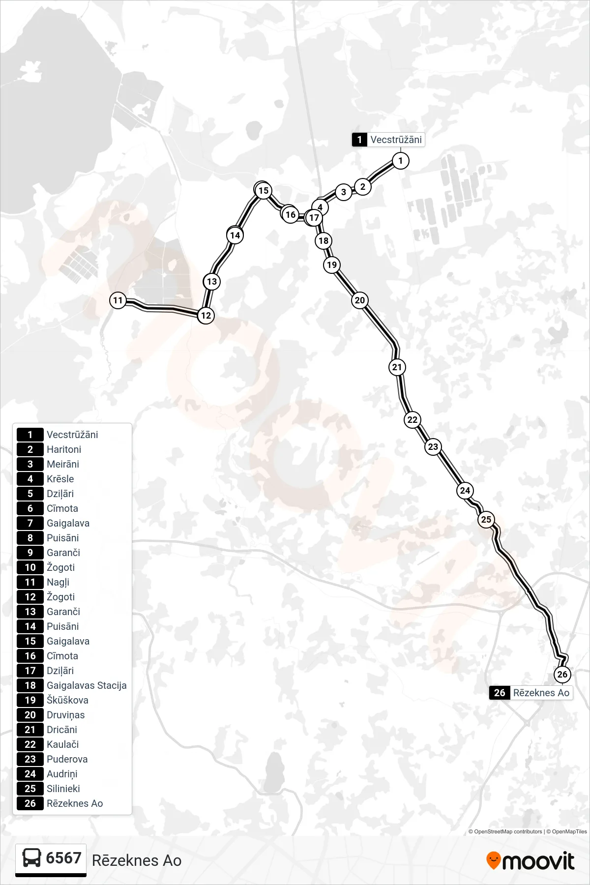6567 bus Line (Rēzeknes Ao) route and stops on a map