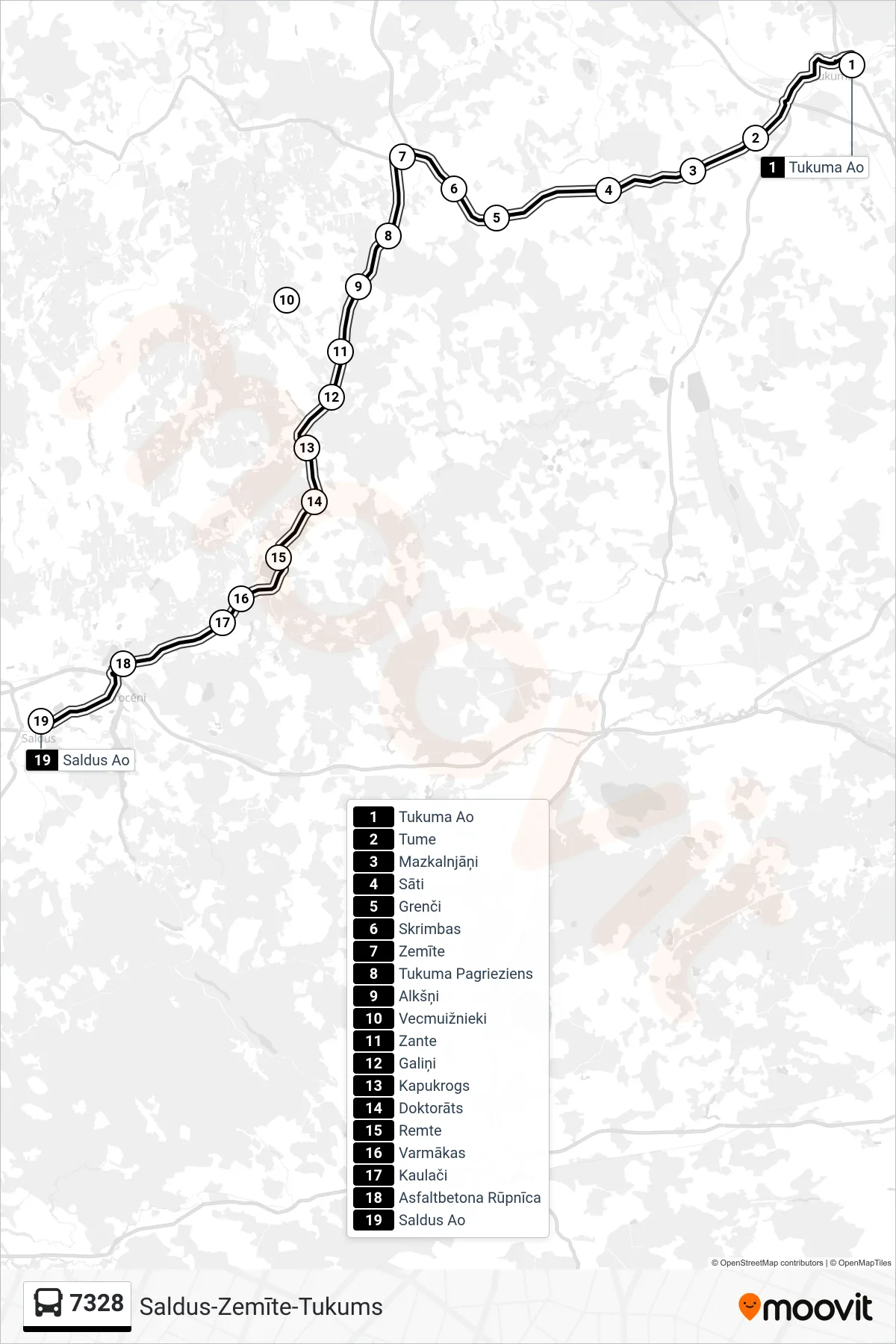 7328 bus Line (Saldus Ao) route and stops on a map