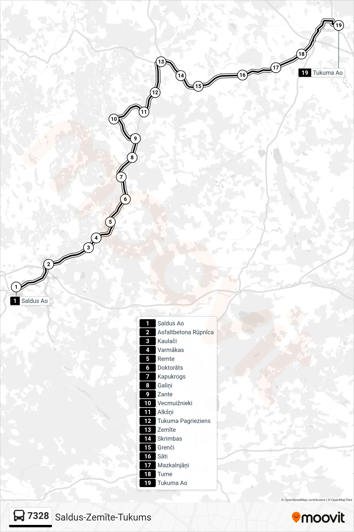 7328 bus Line (Tukuma Ao) route and stops on a map