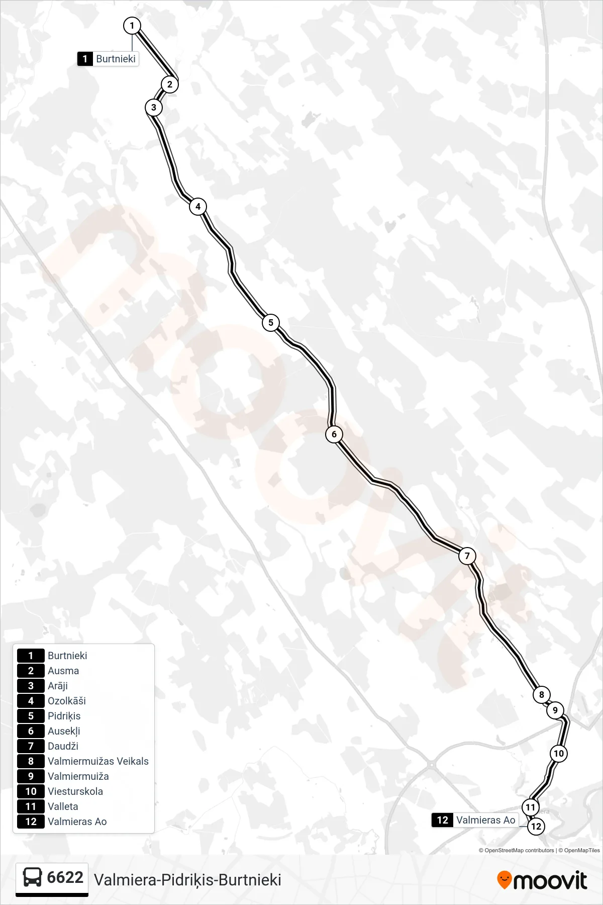 6622 bus Line (Valmieras Ao) route and stops on a map