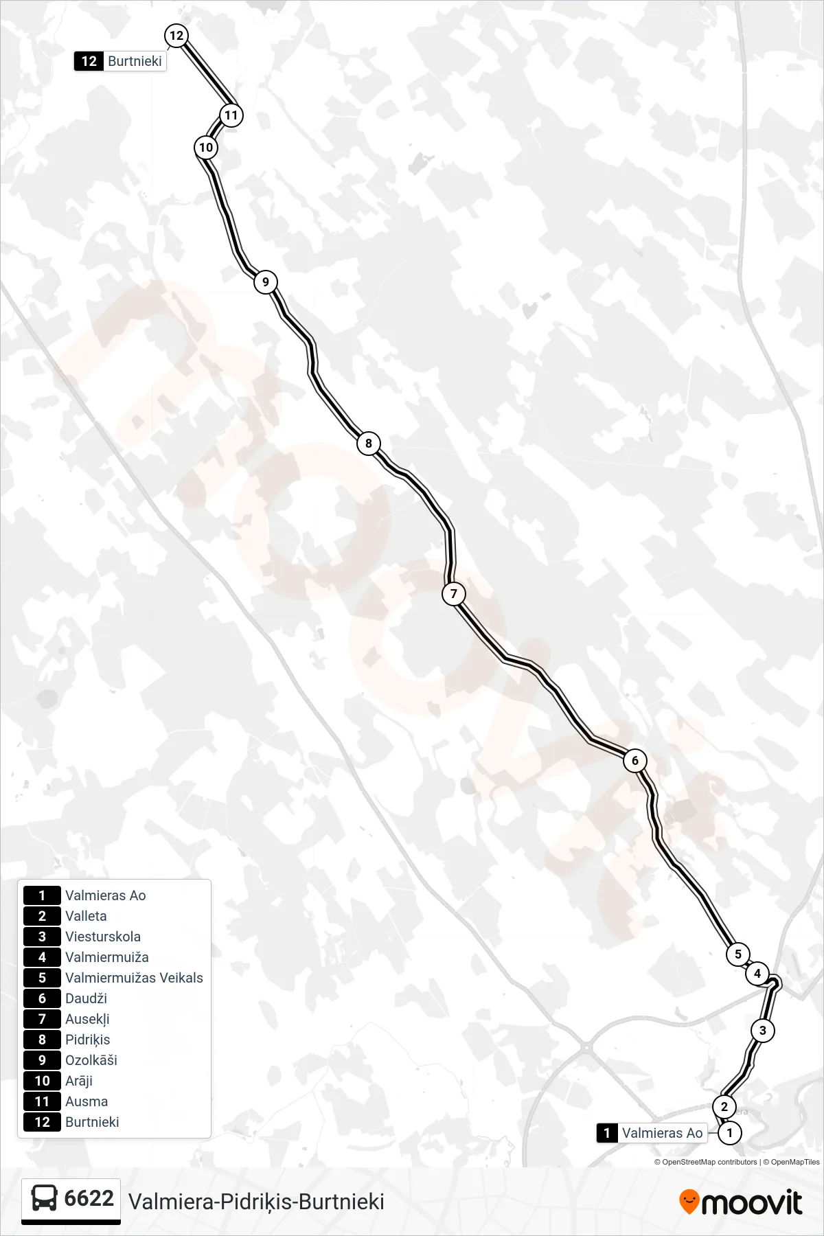 6622 bus Line (Burtnieki) route and stops on a map
