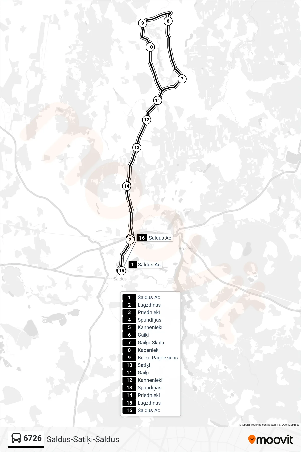 6726 bus Line (Saldus Ao) route and stops on a map