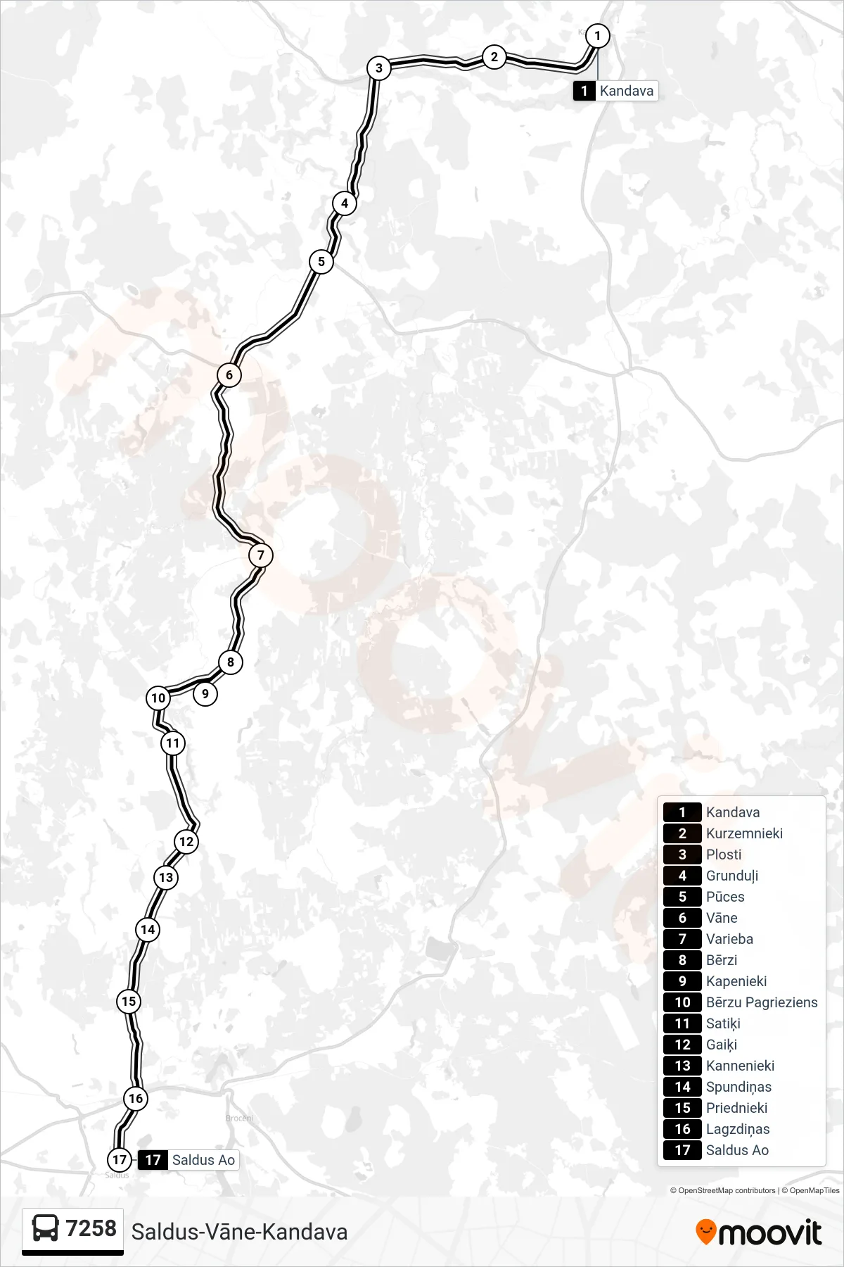7258 bus Line (Saldus Ao) route and stops on a map