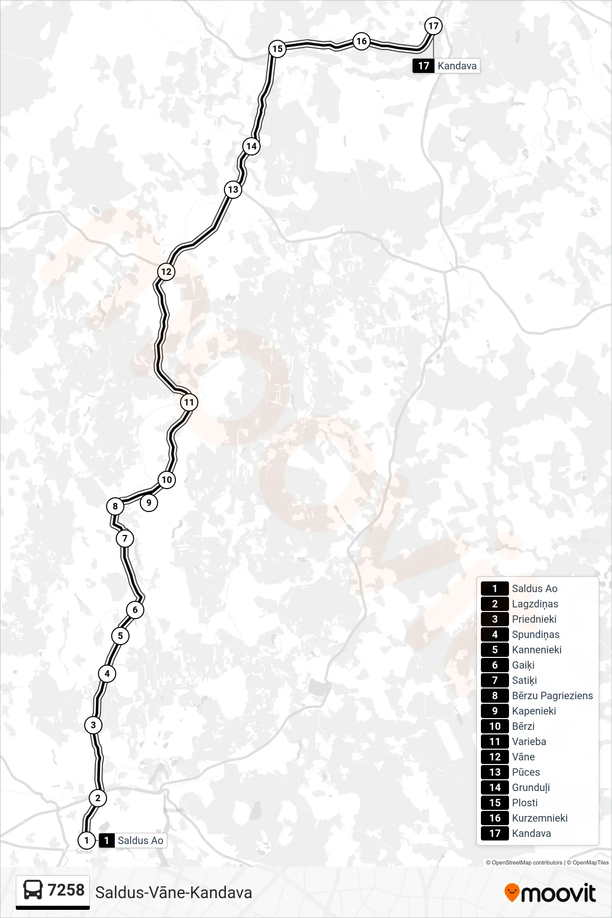 7258 bus Line (Kandava) route and stops on a map