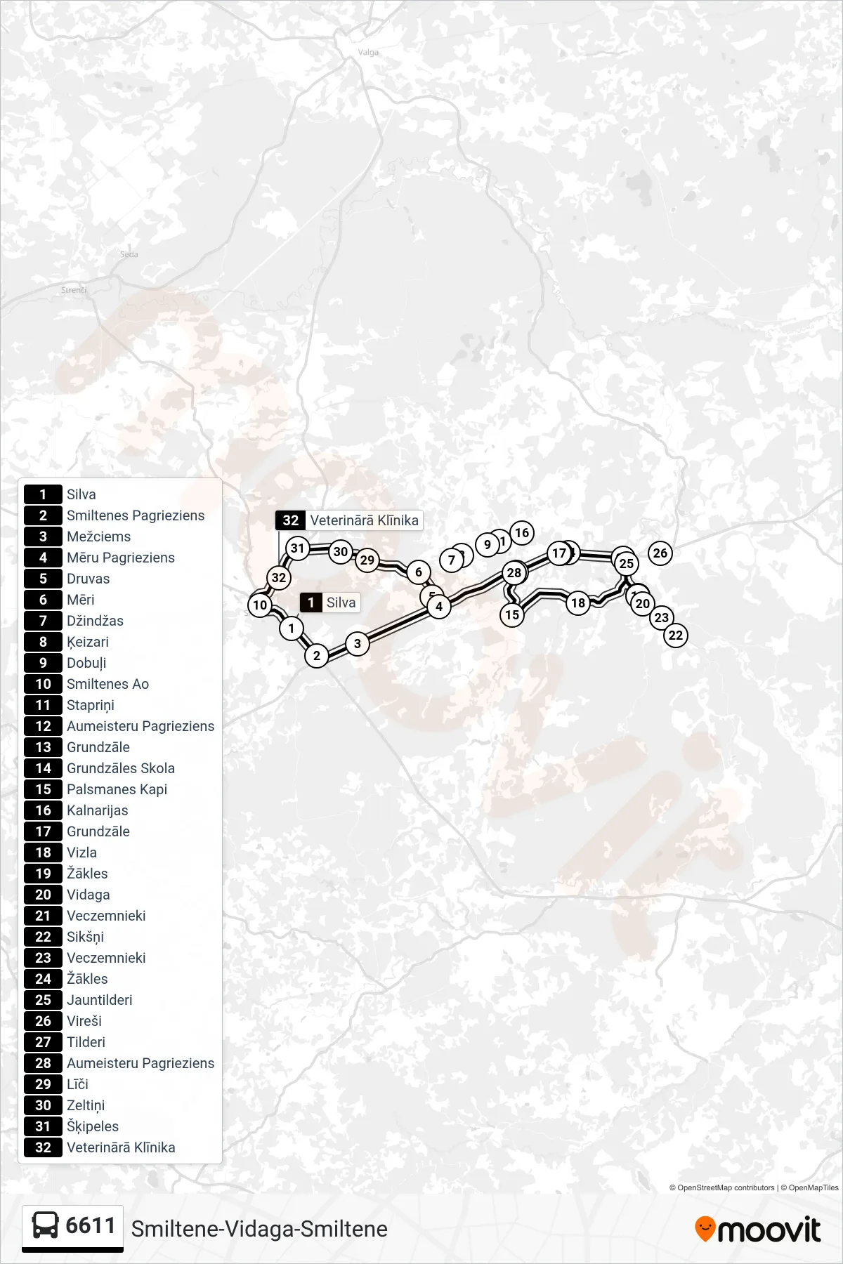 6611 bus Line (Smiltenes Ao) route and stops on a map