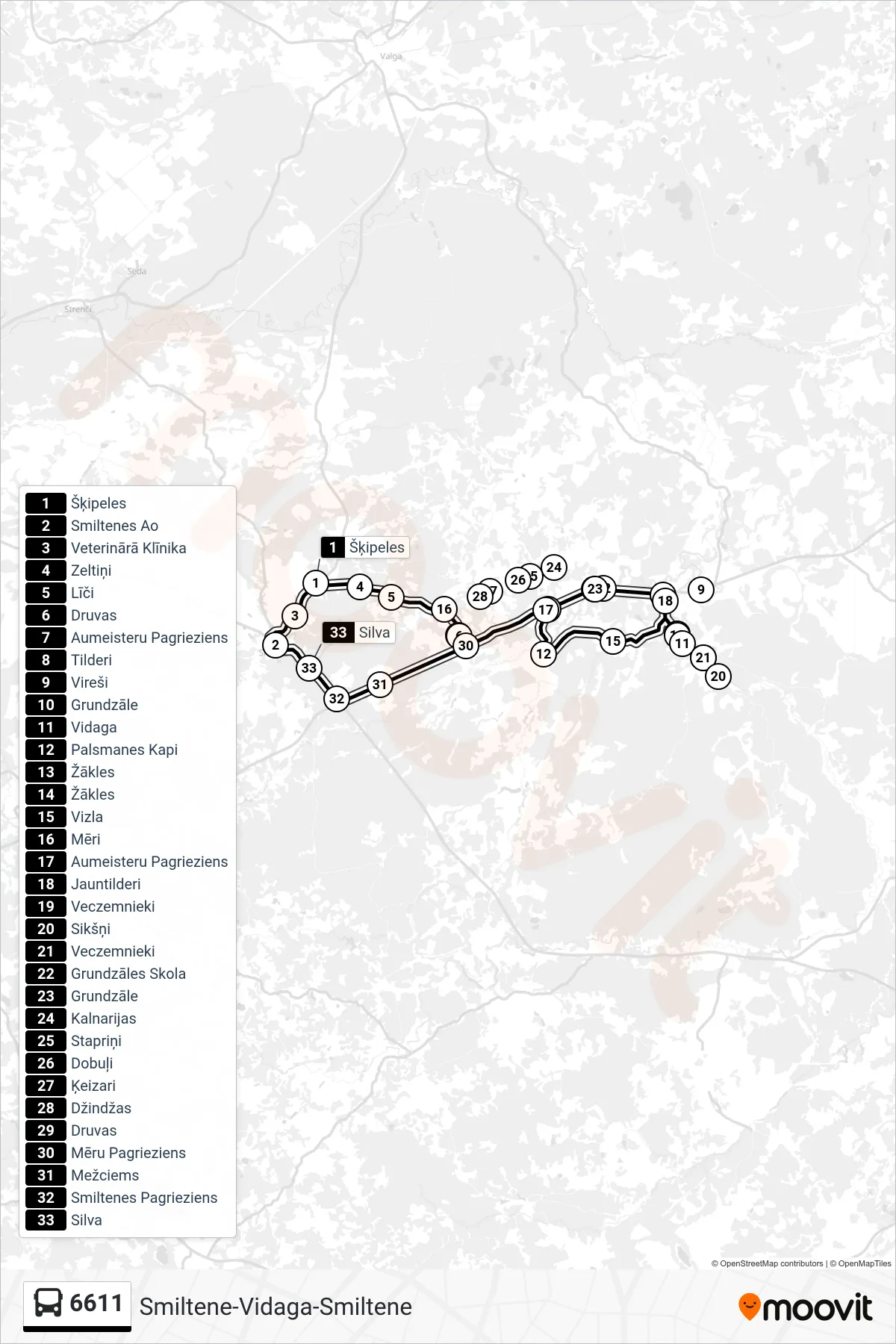 6611 bus Line (Smiltenes Ao) route and stops on a map