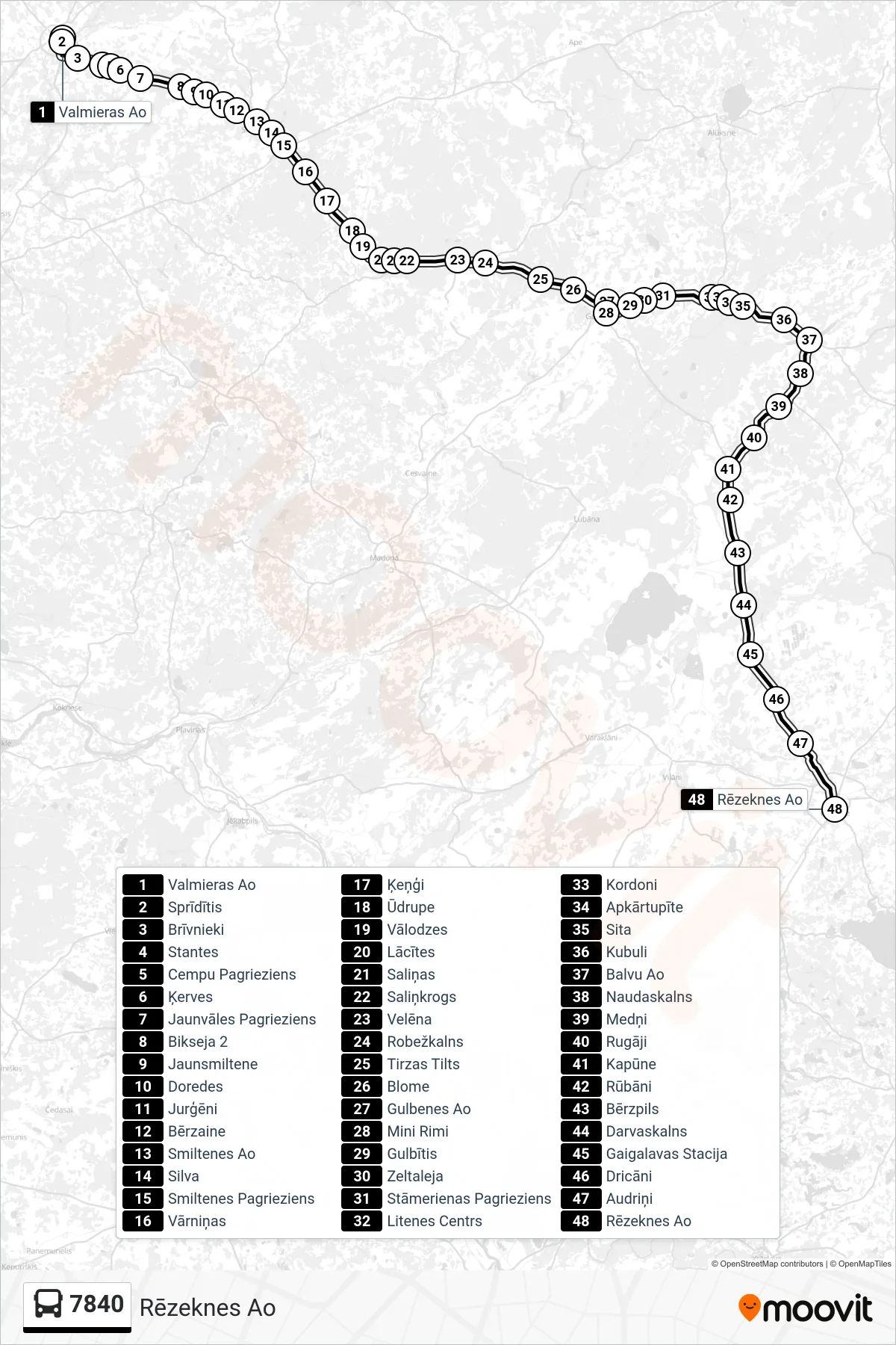 7840 bus Line (Rēzeknes Ao) route and stops on a map