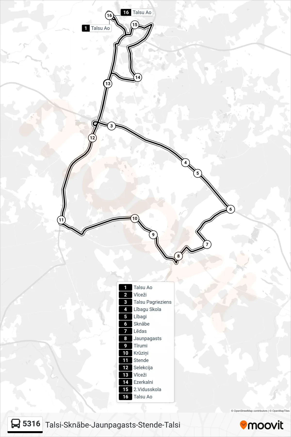 5316 bus Line (Talsu Ao) route and stops on a map