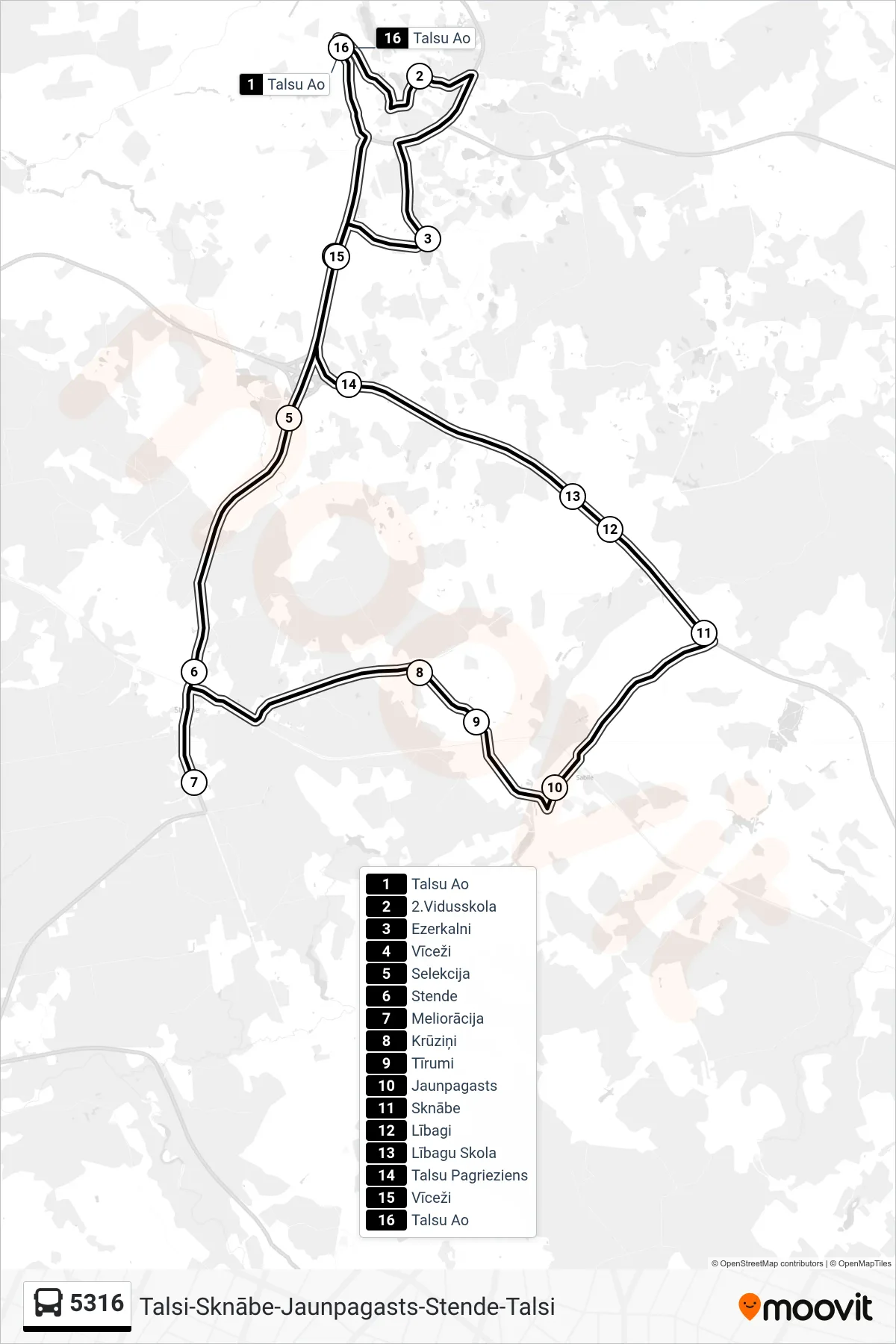 5316 bus Line (Talsu Ao) route and stops on a map