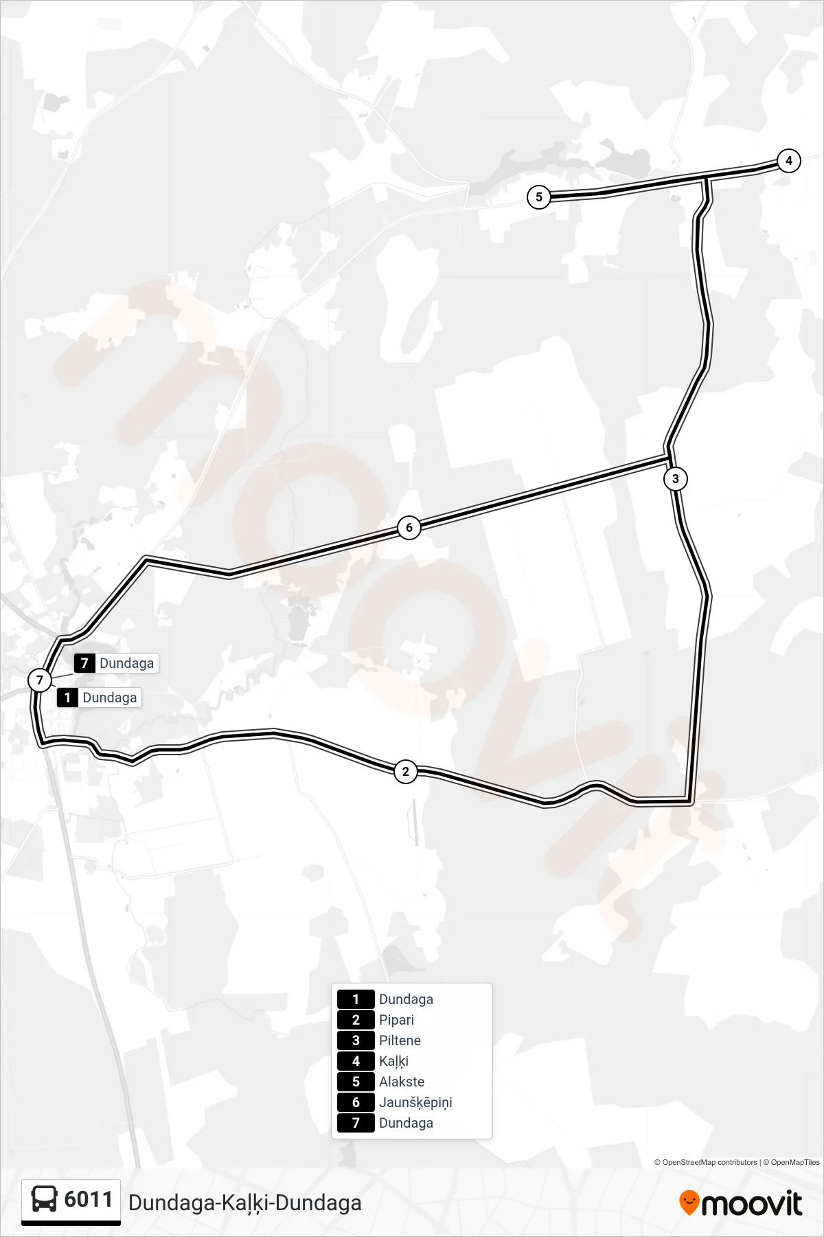 6011 bus Line (Dundaga) route and stops on a map