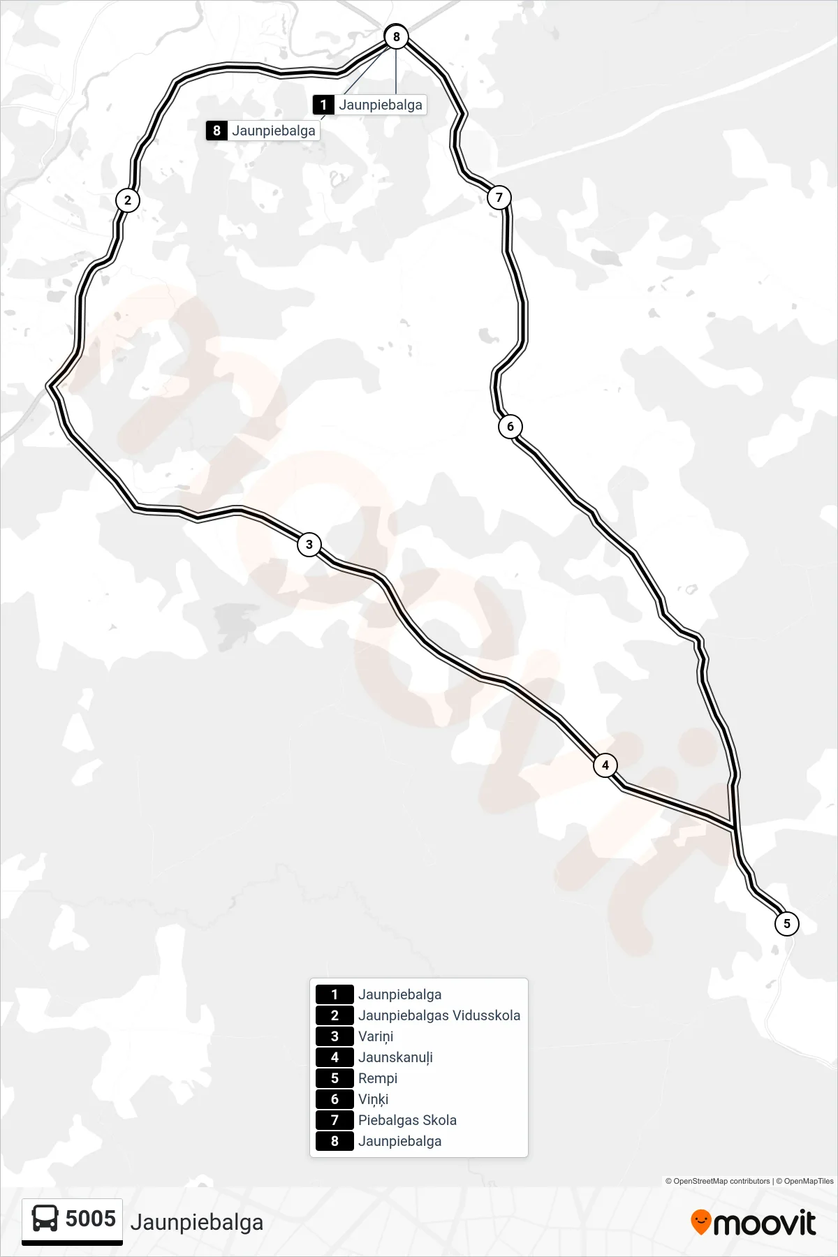 5005 bus Line (Jaunpiebalga) route and stops on a map