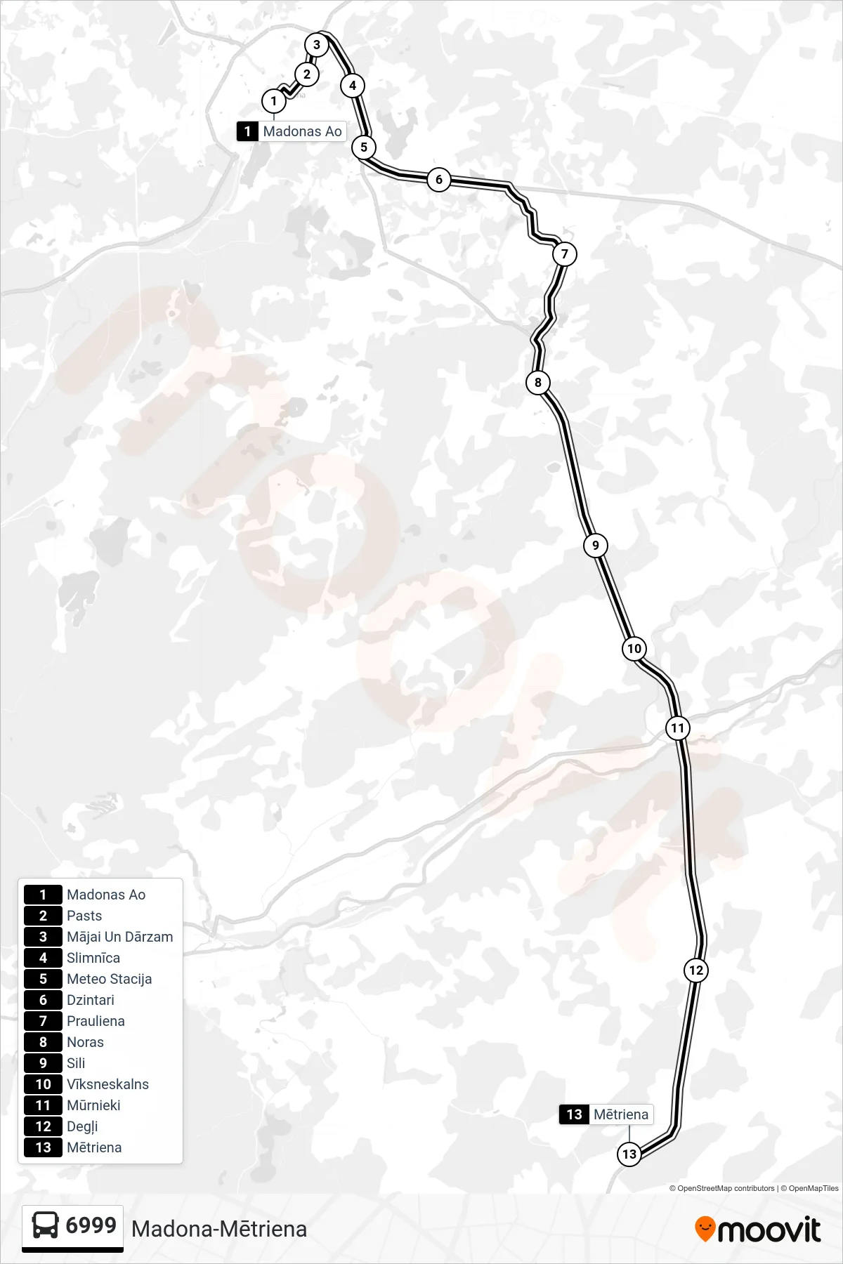 6999 bus Line (Mētriena) route and stops on a map