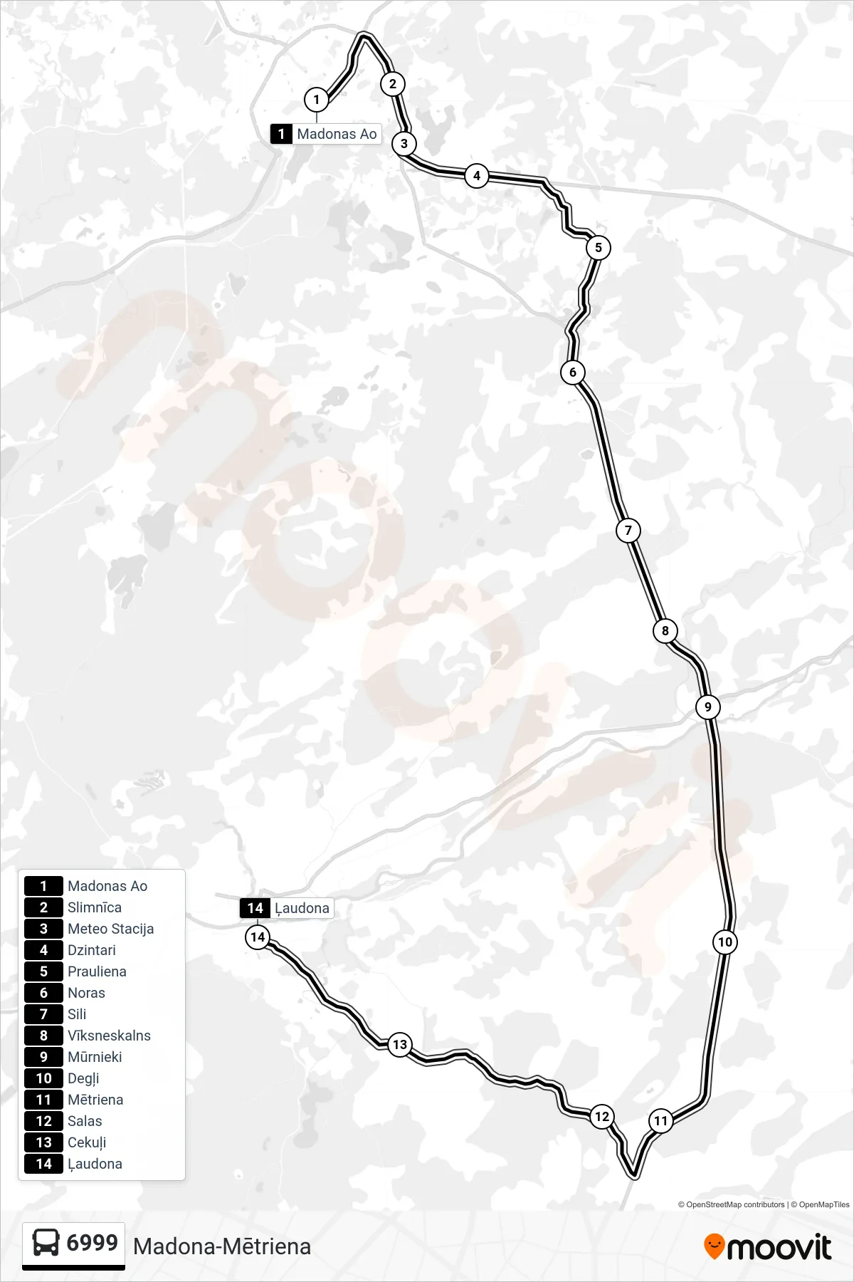 6999 bus Line (Ļaudona) route and stops on a map