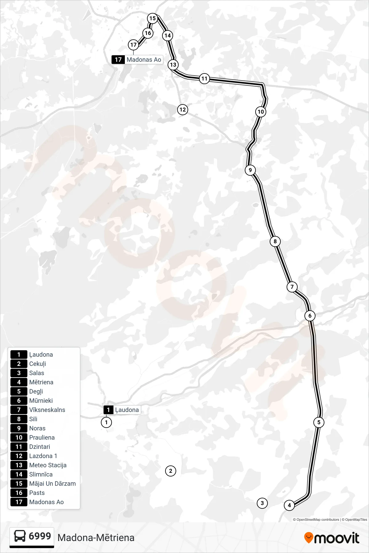 6999 bus Line (Madonas Ao) route and stops on a map
