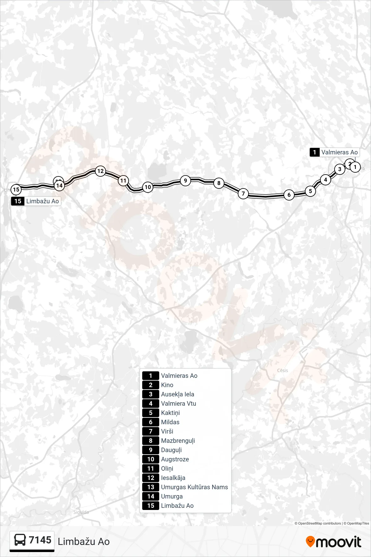 7145 bus Line (Limbažu Ao) route and stops on a map