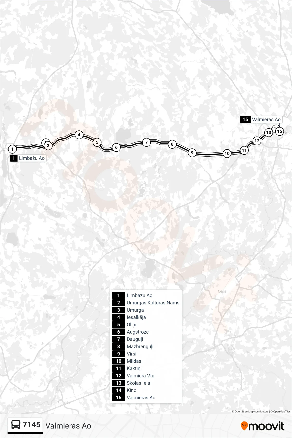 7145 bus Line (Valmieras Ao) route and stops on a map