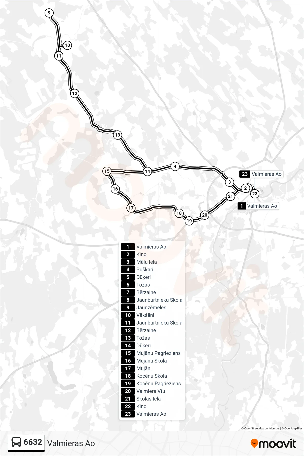 6632 bus Line (Valmieras Ao) route and stops on a map