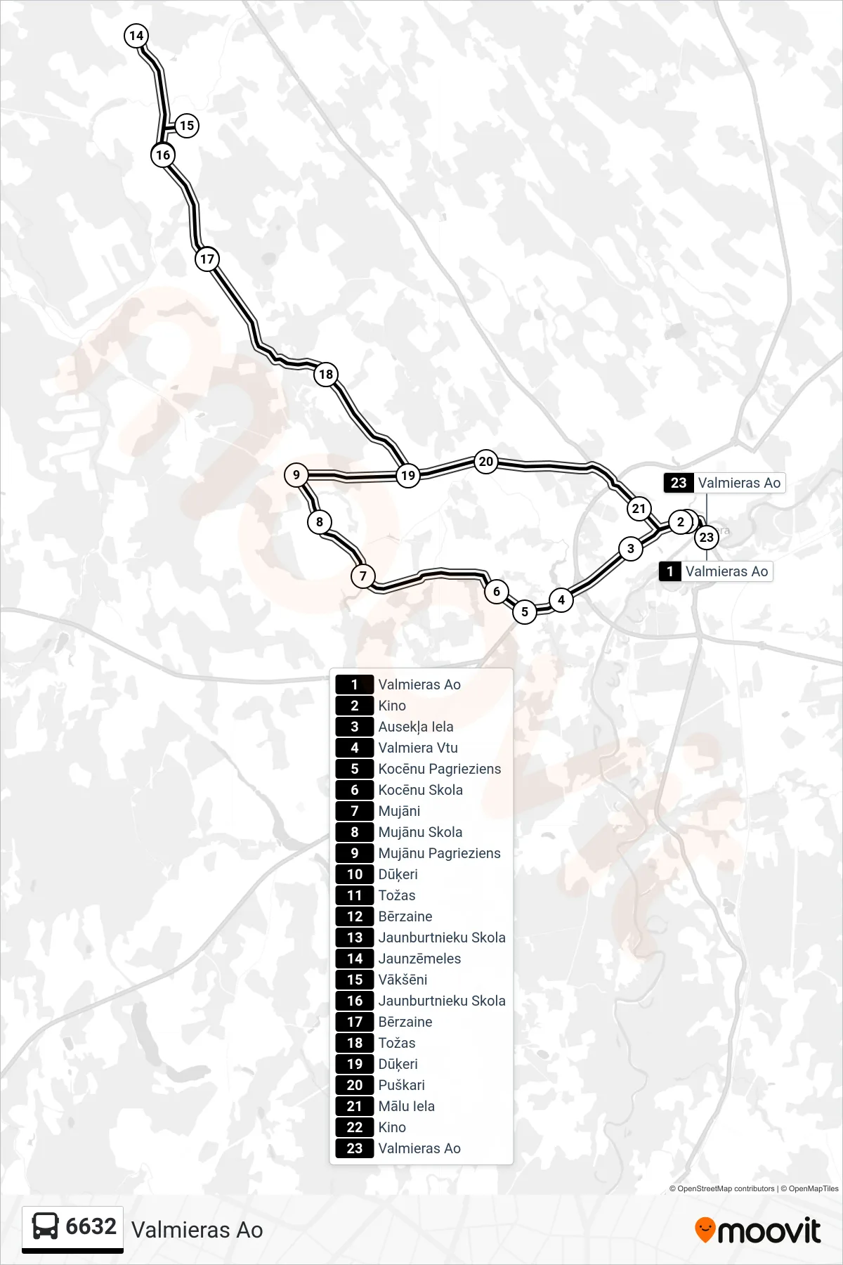 6632 bus Line (Valmieras Ao) route and stops on a map