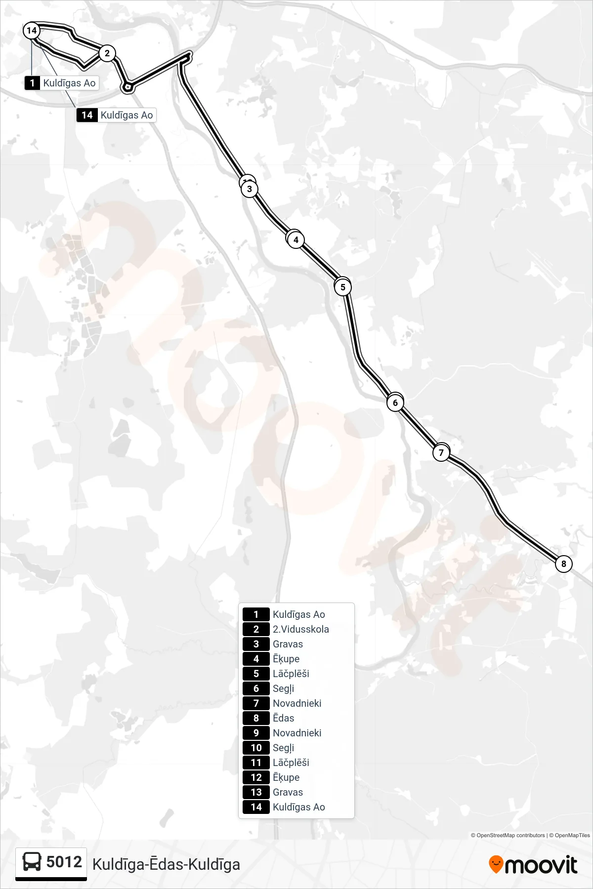 5012 bus Line (Kuldīgas Ao) route and stops on a map