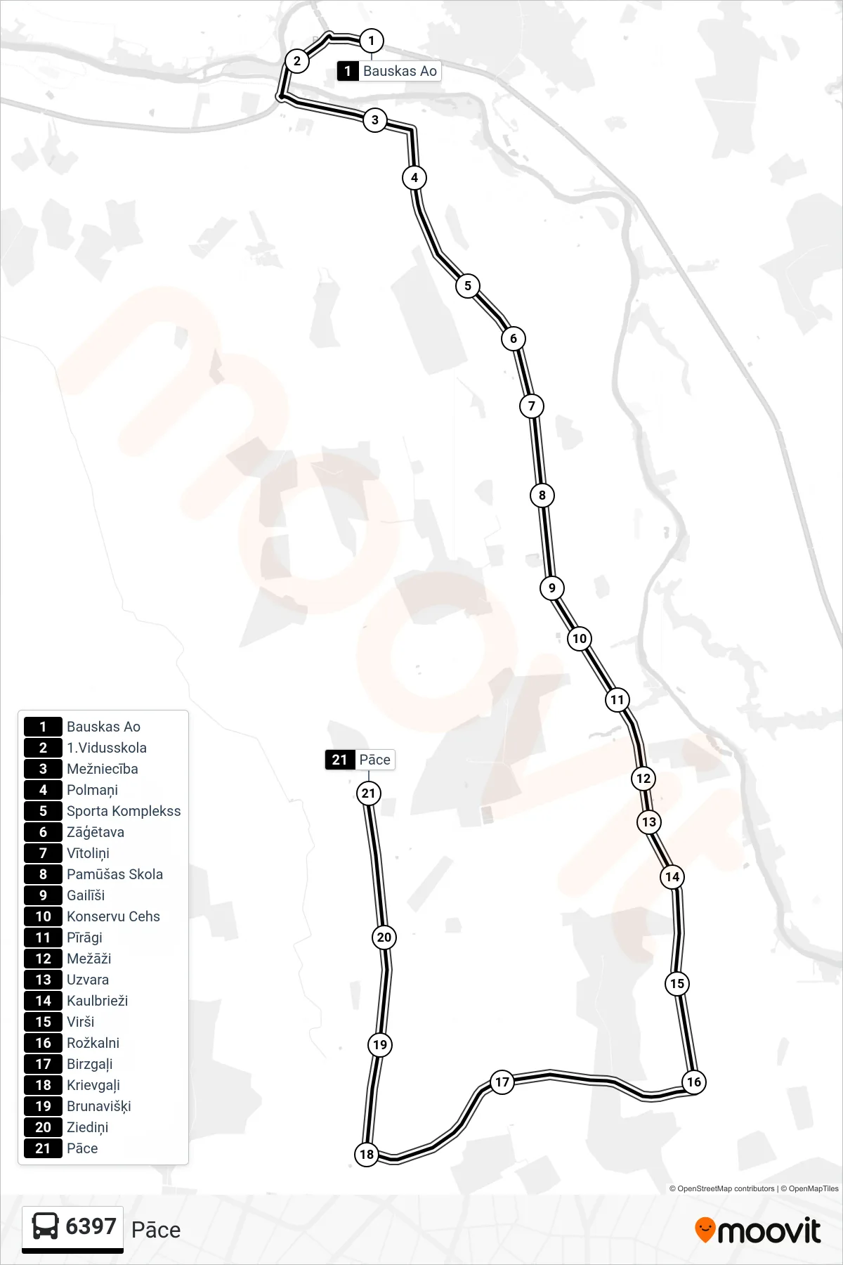 6397 bus Line (Pāce) route and stops on a map