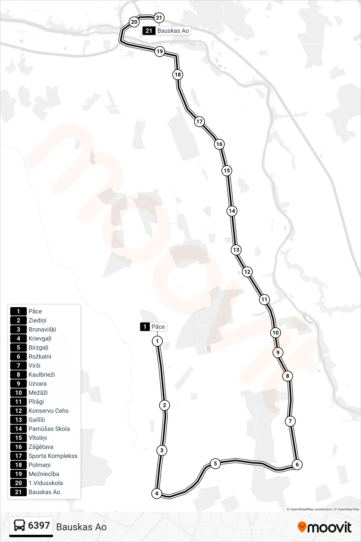 6397 bus Line (Bauskas Ao) route and stops on a map