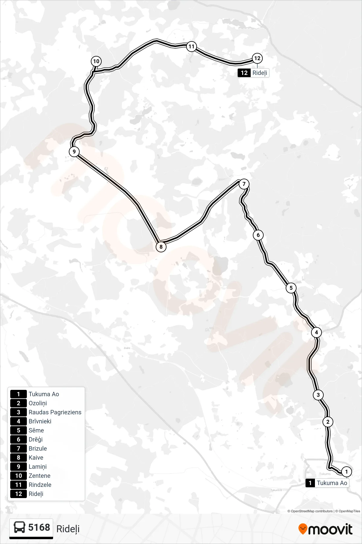 5168 bus Line (Rideļi) route and stops on a map