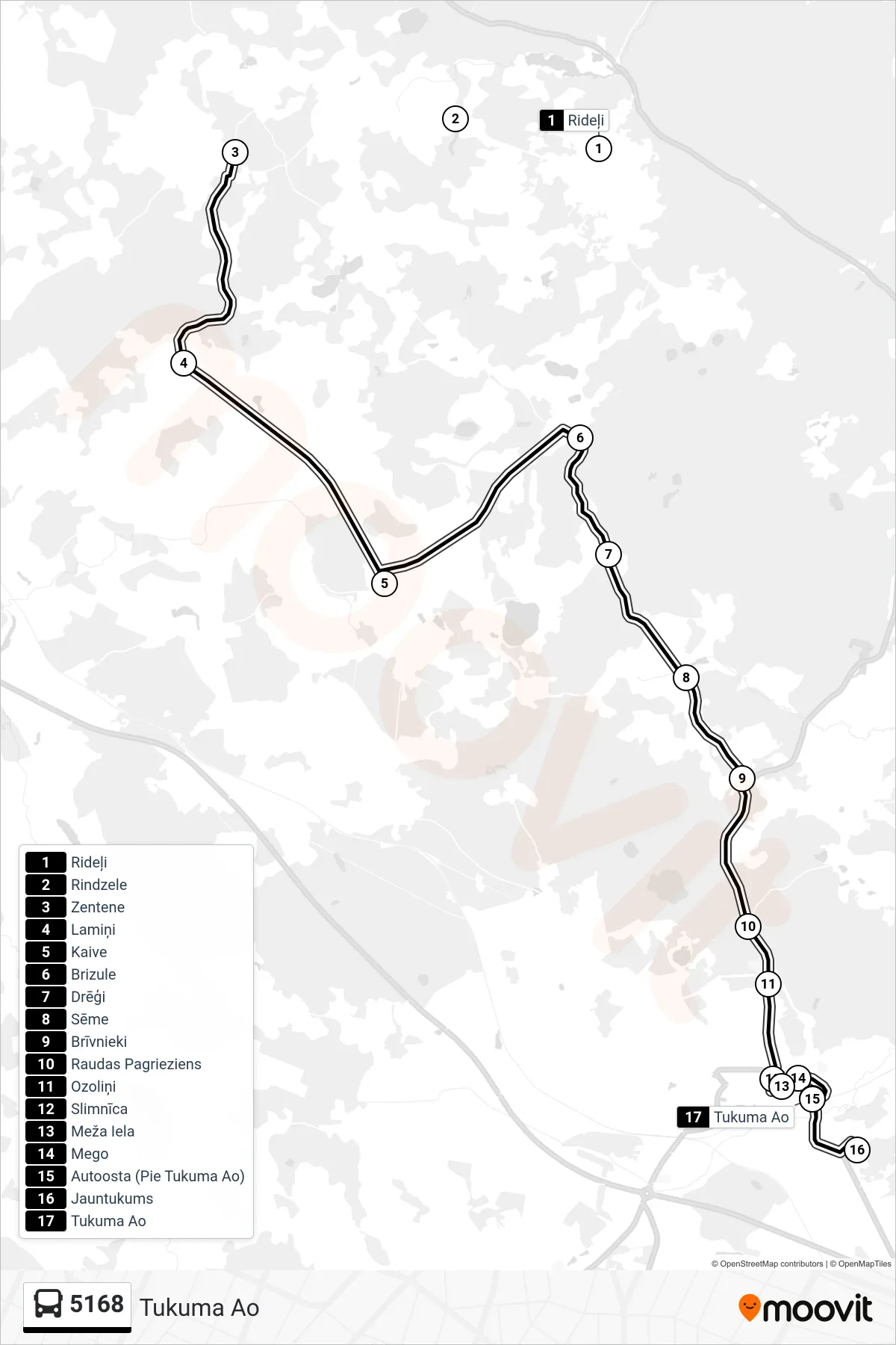 5168 bus Line (Tukuma Ao) route and stops on a map