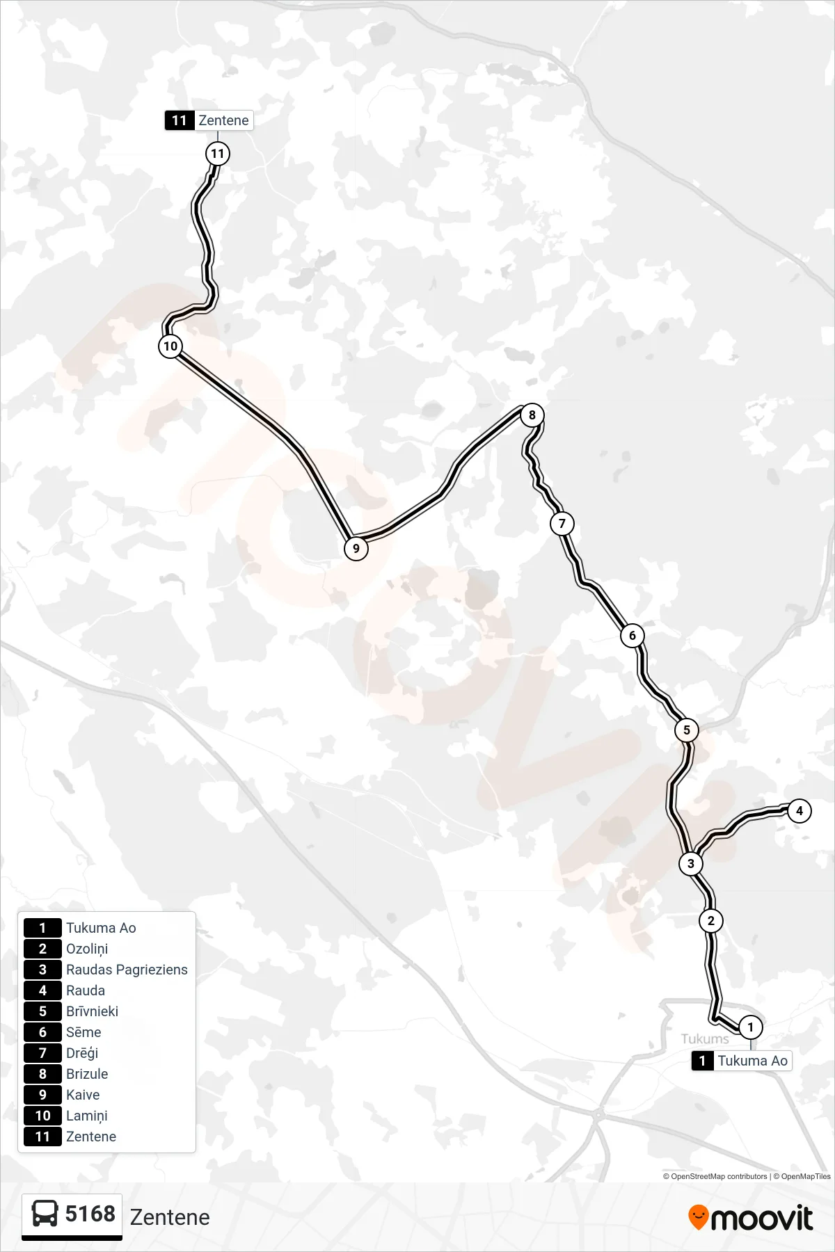 5168 bus Line (Zentene) route and stops on a map