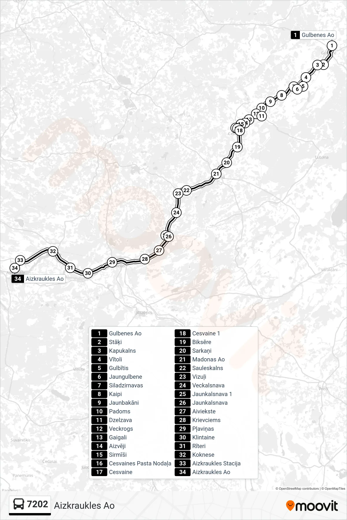 7202 bus Line (Aizkraukles Ao) route and stops on a map