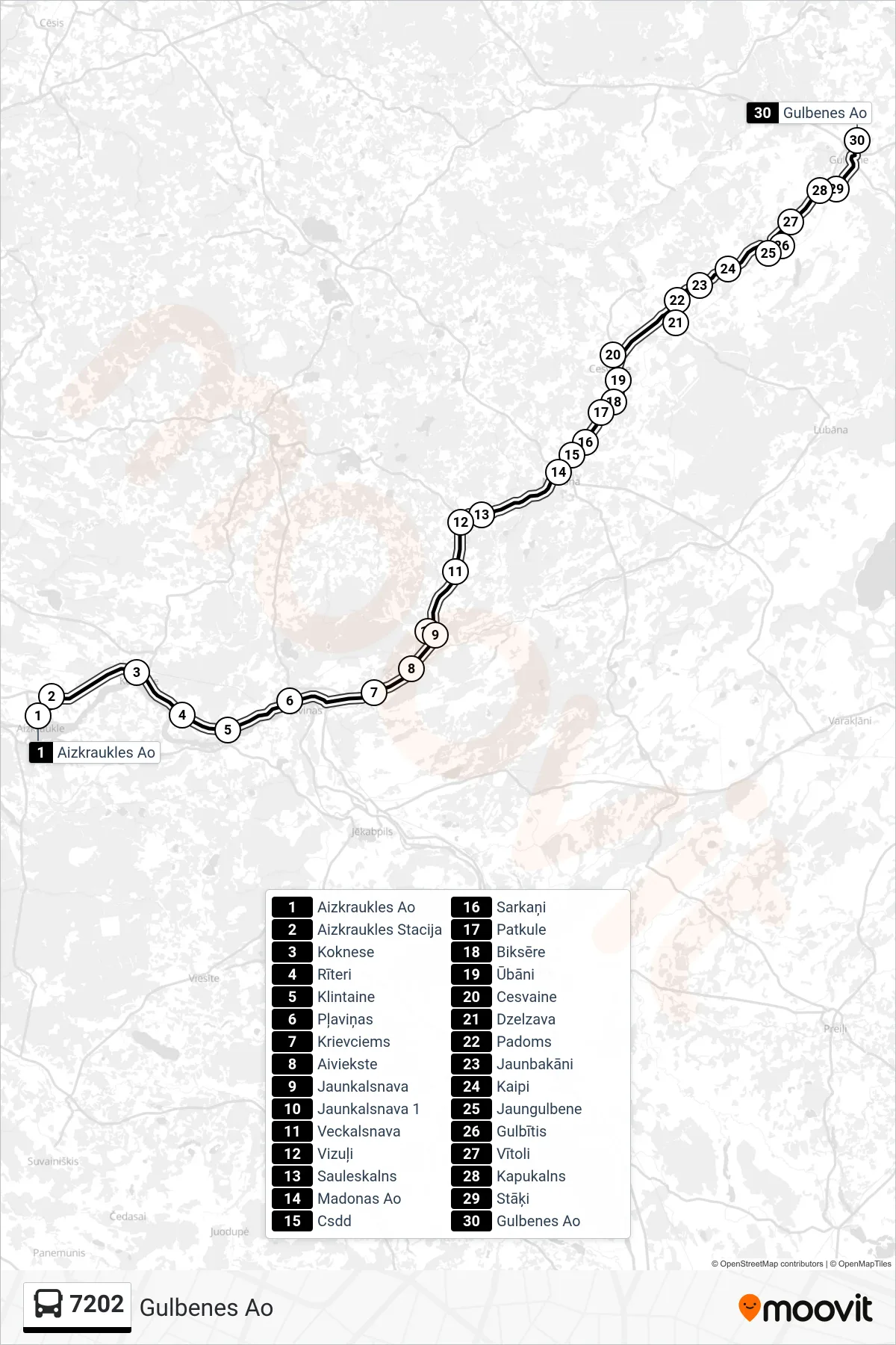 7202 bus Line (Gulbenes Ao) route and stops on a map
