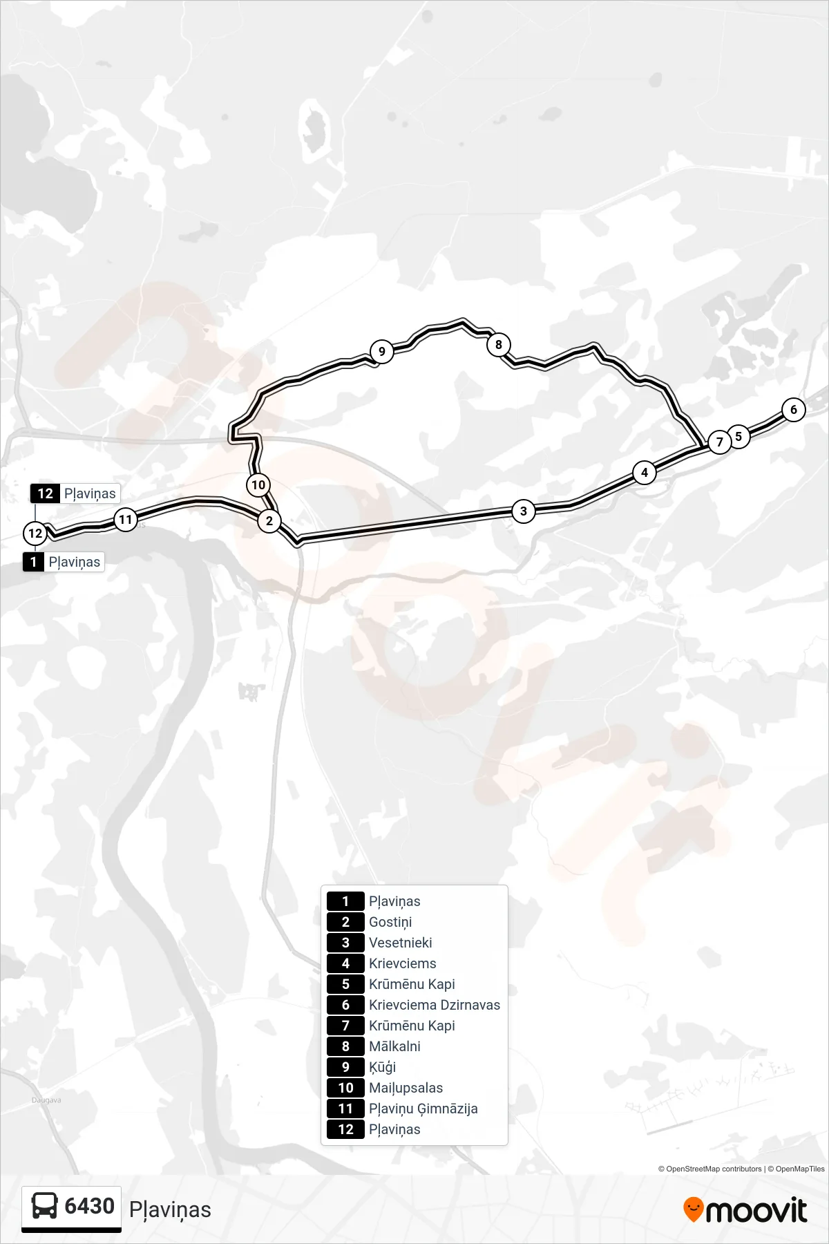 6430 bus Line (Pļaviņas) route and stops on a map