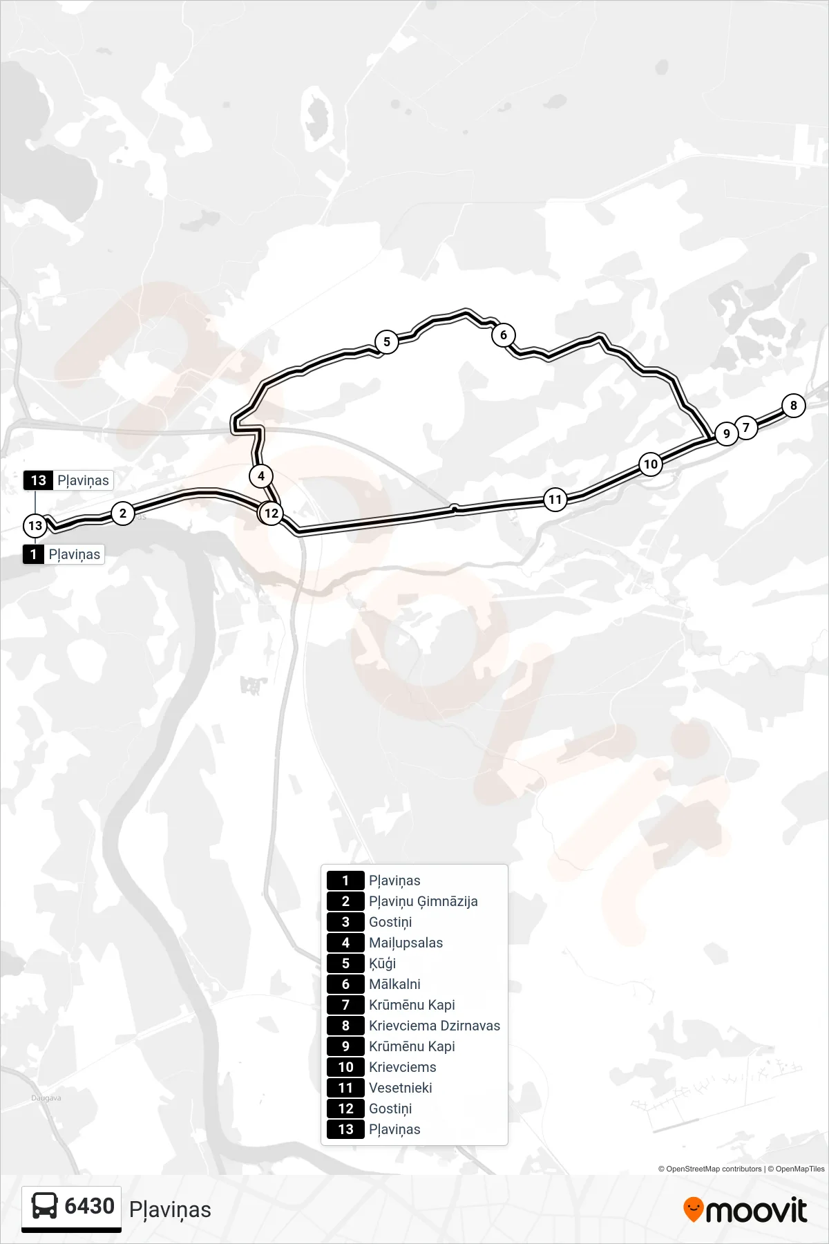 6430 bus Line (Pļaviņas) route and stops on a map