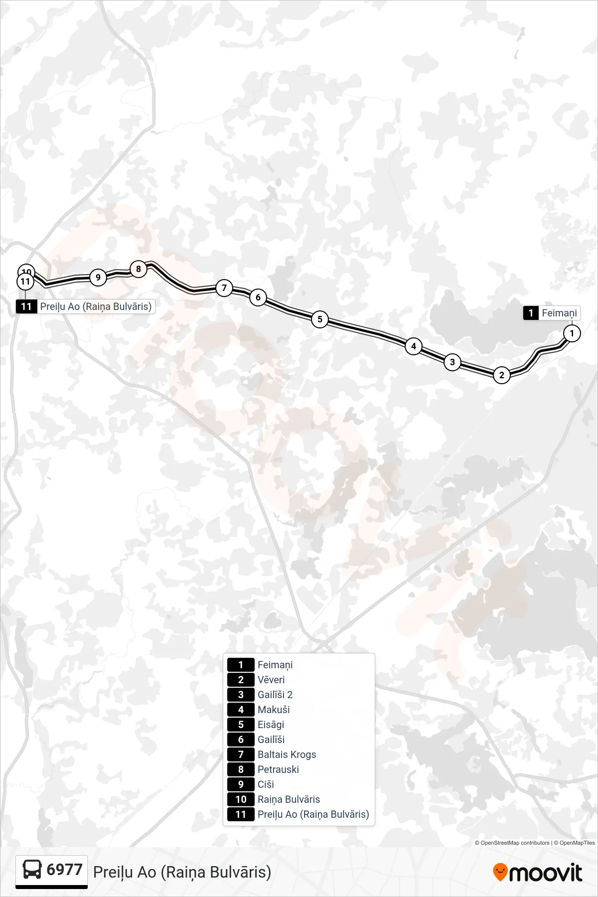 6977 bus Line (Preiļu Ao (Raiņa Bulvāris)) route and stops on a map