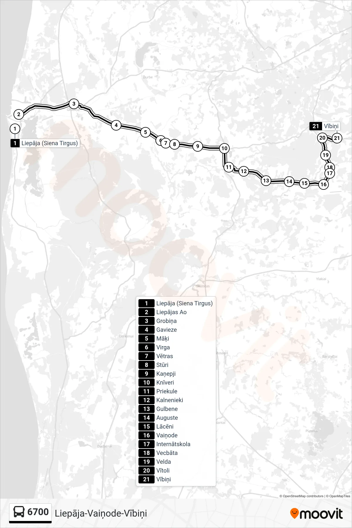 6700 bus Line (Vībiņi) route and stops on a map