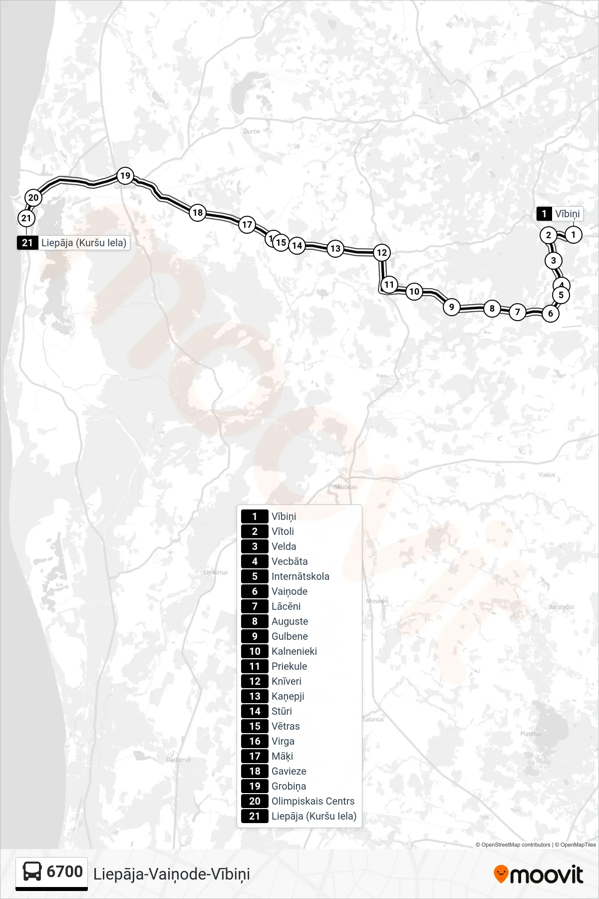 6700 bus Line (Liepāja (Kuršu Iela)) route and stops on a map