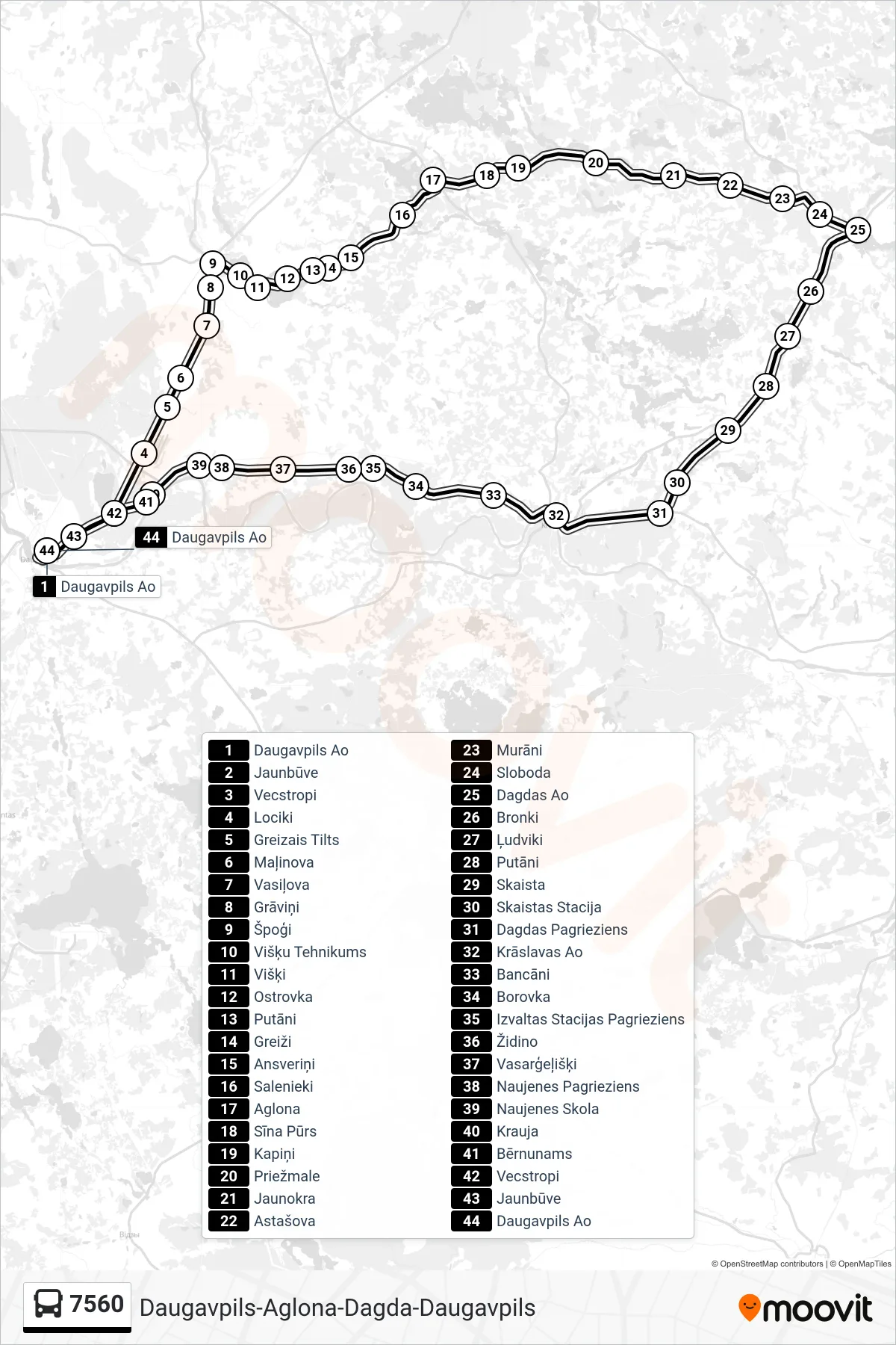 7560 bus Line (Daugavpils Ao) route and stops on a map