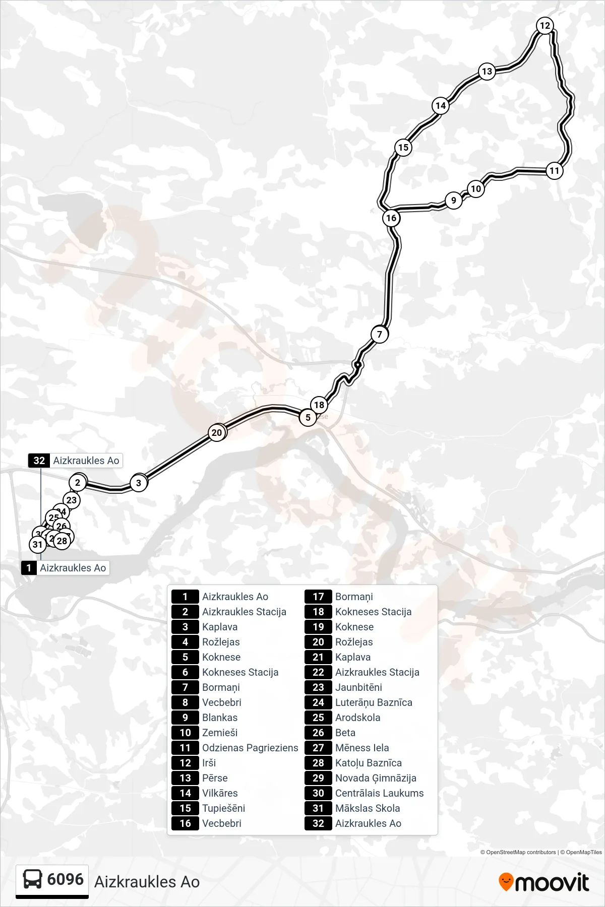 6096 bus Line (Aizkraukles Ao) route and stops on a map