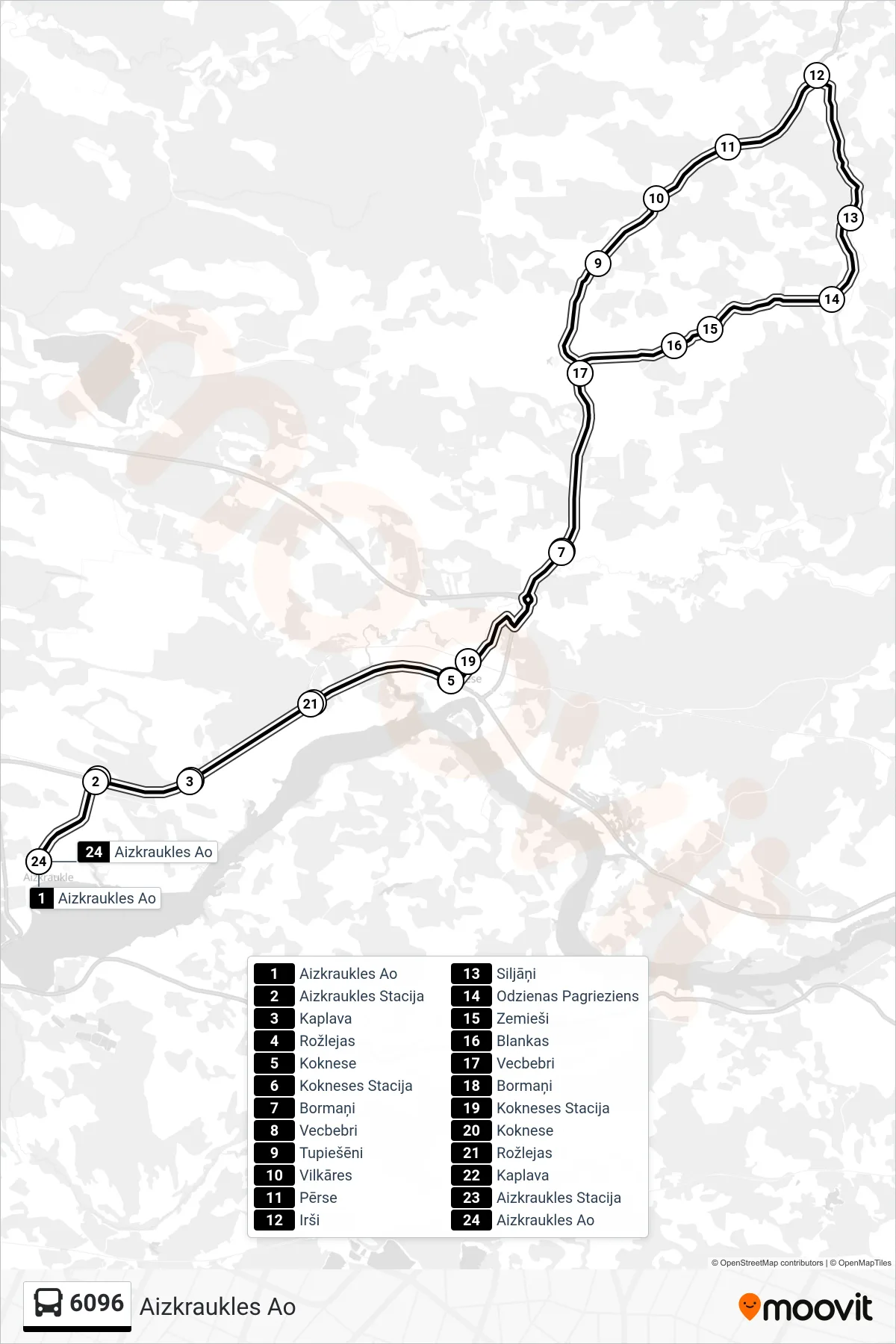 6096 bus Line (Aizkraukles Ao) route and stops on a map