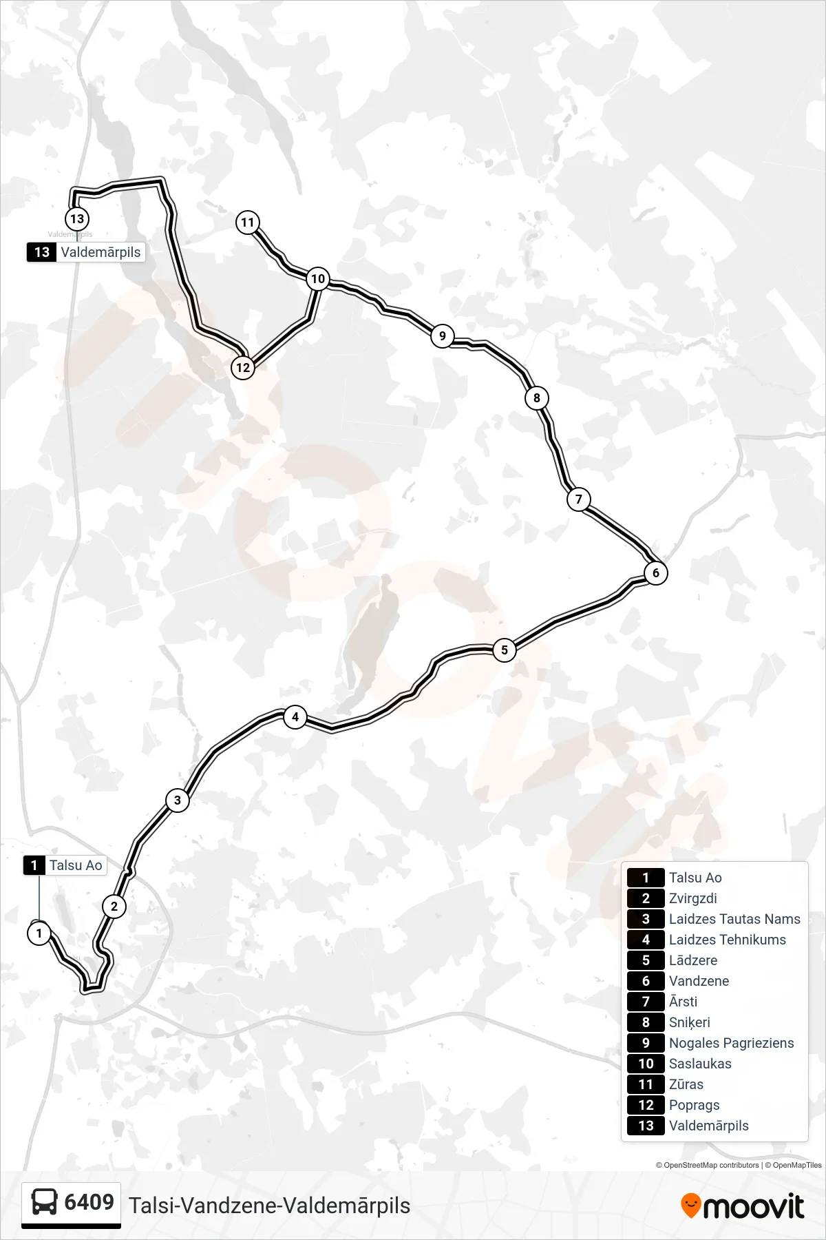 6409 bus Line (Valdemārpils) route and stops on a map