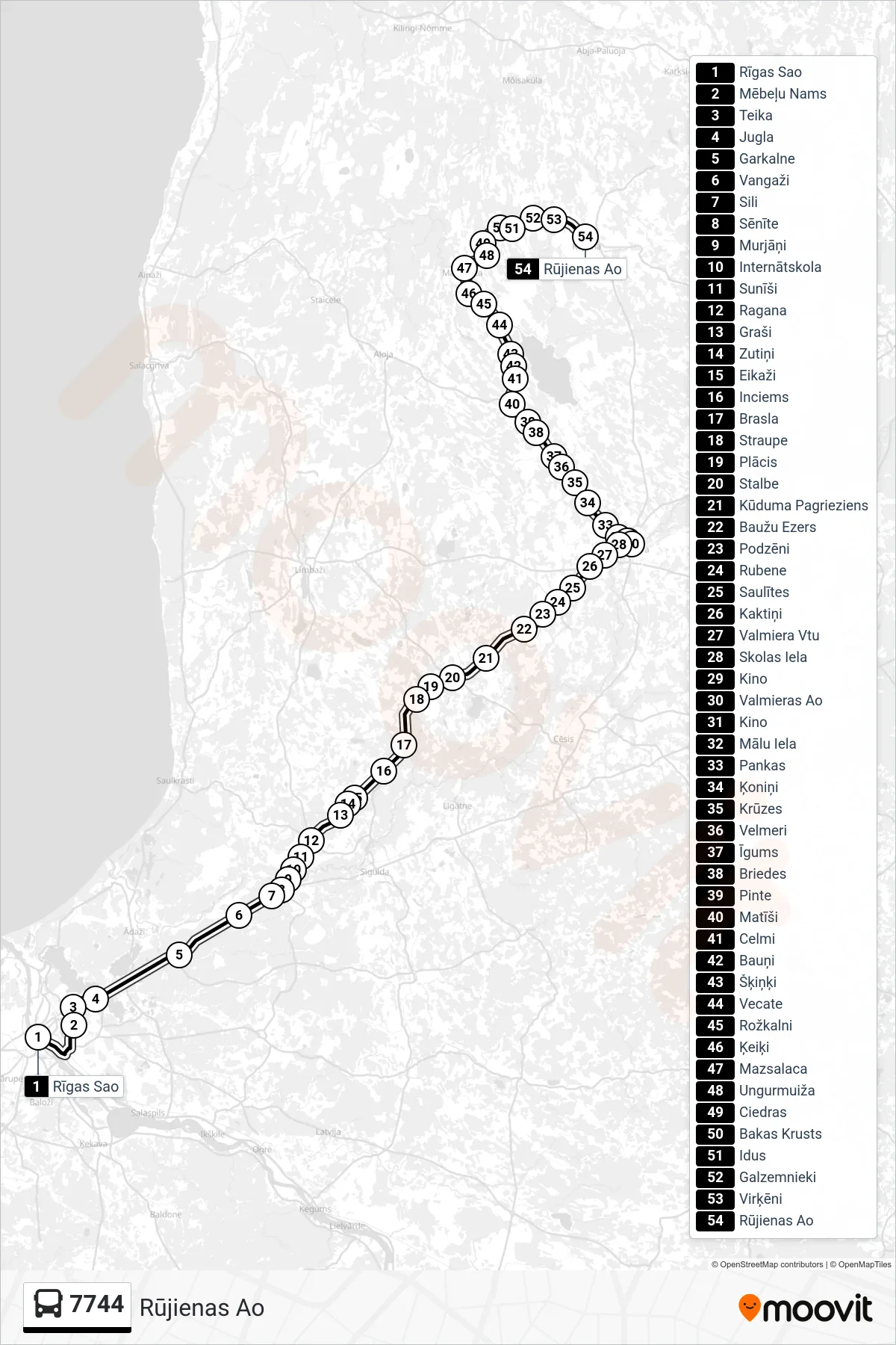 7744 bus Line (Rūjienas Ao) route and stops on a map